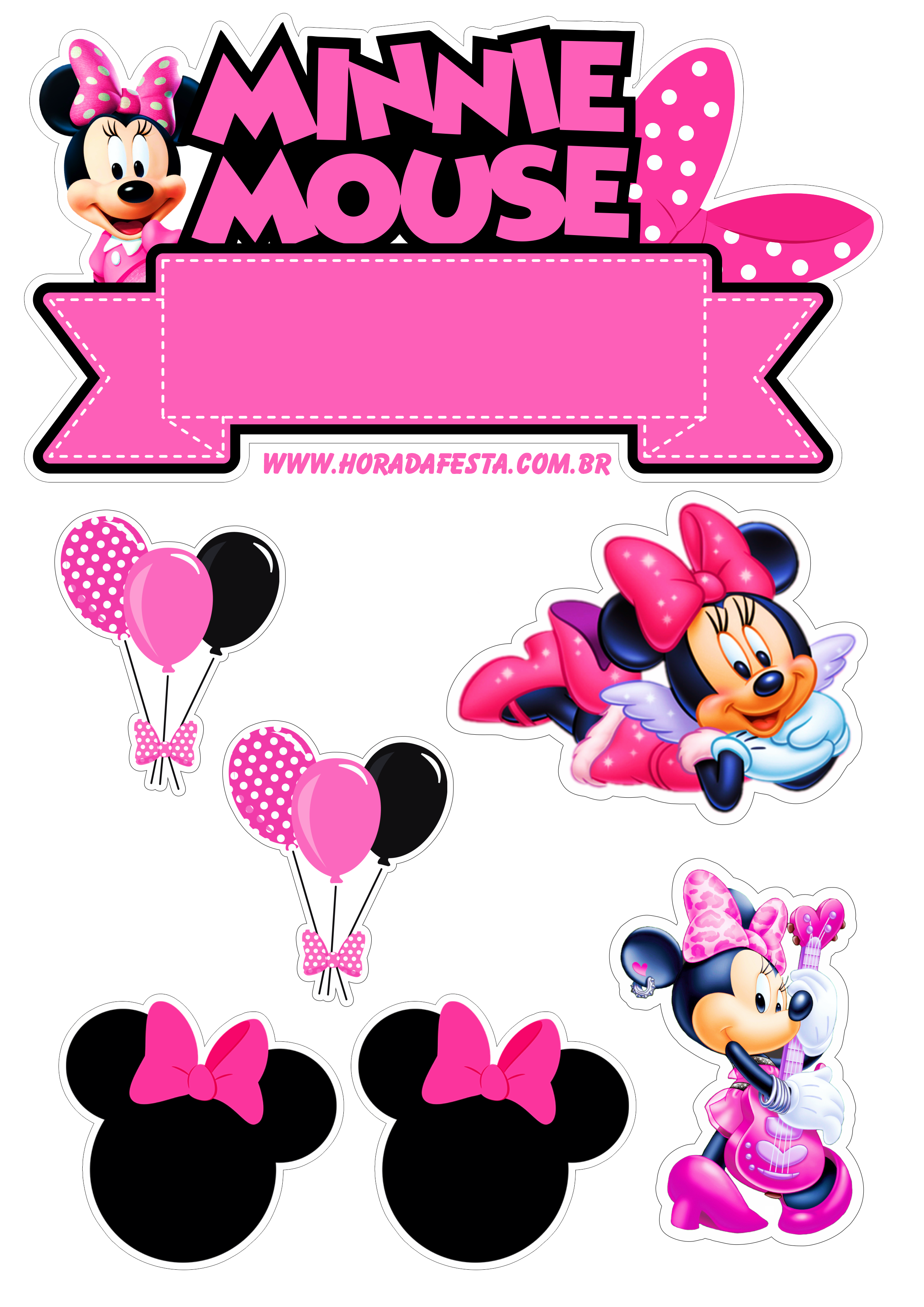 Minnie rosa topo de bolo para imprimir decoração de festa de aniversário infantil com contorno para recorte design balões png