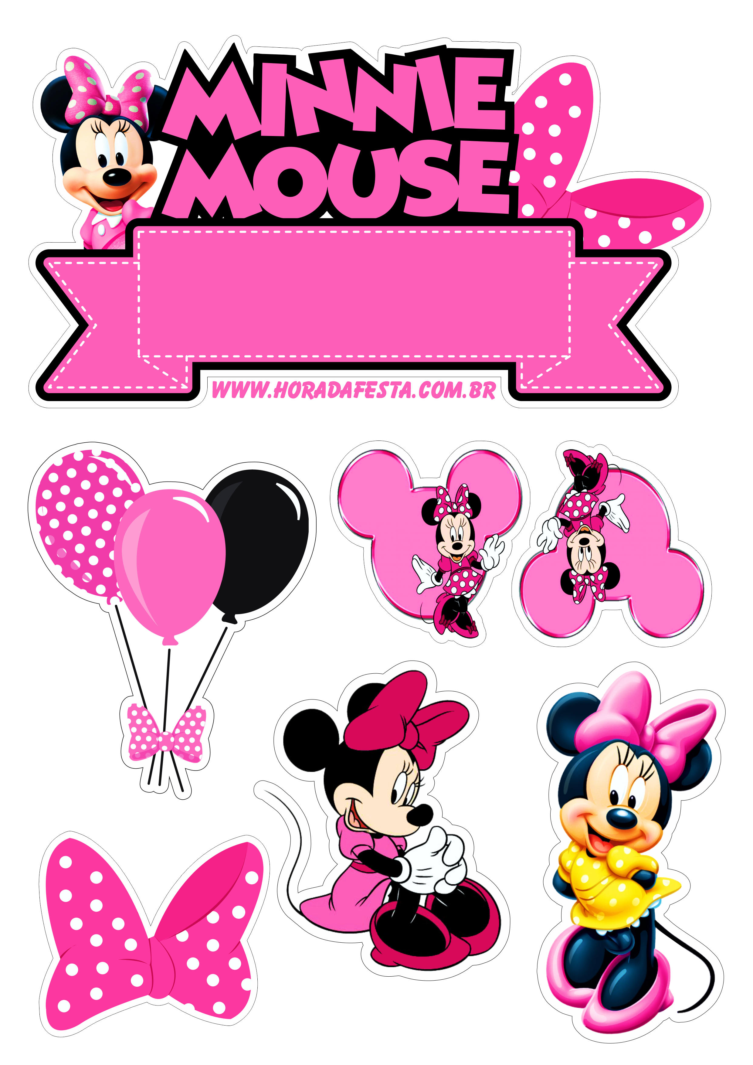 Topo de bolo para imprimir Minnie Rosa festa infantil aniversário de menina artigos de papelaria png