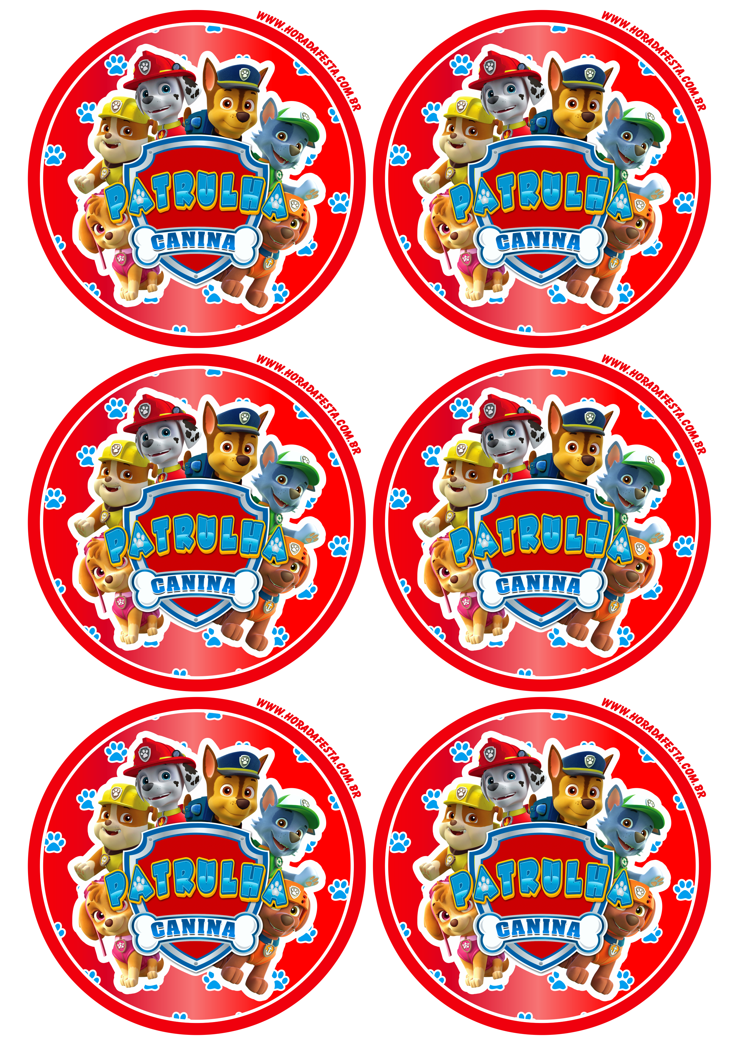 Adesivo redondo vermelho tag etiquetas patrulha canina grátis turma completa decoração de aniversário 6 imagens png