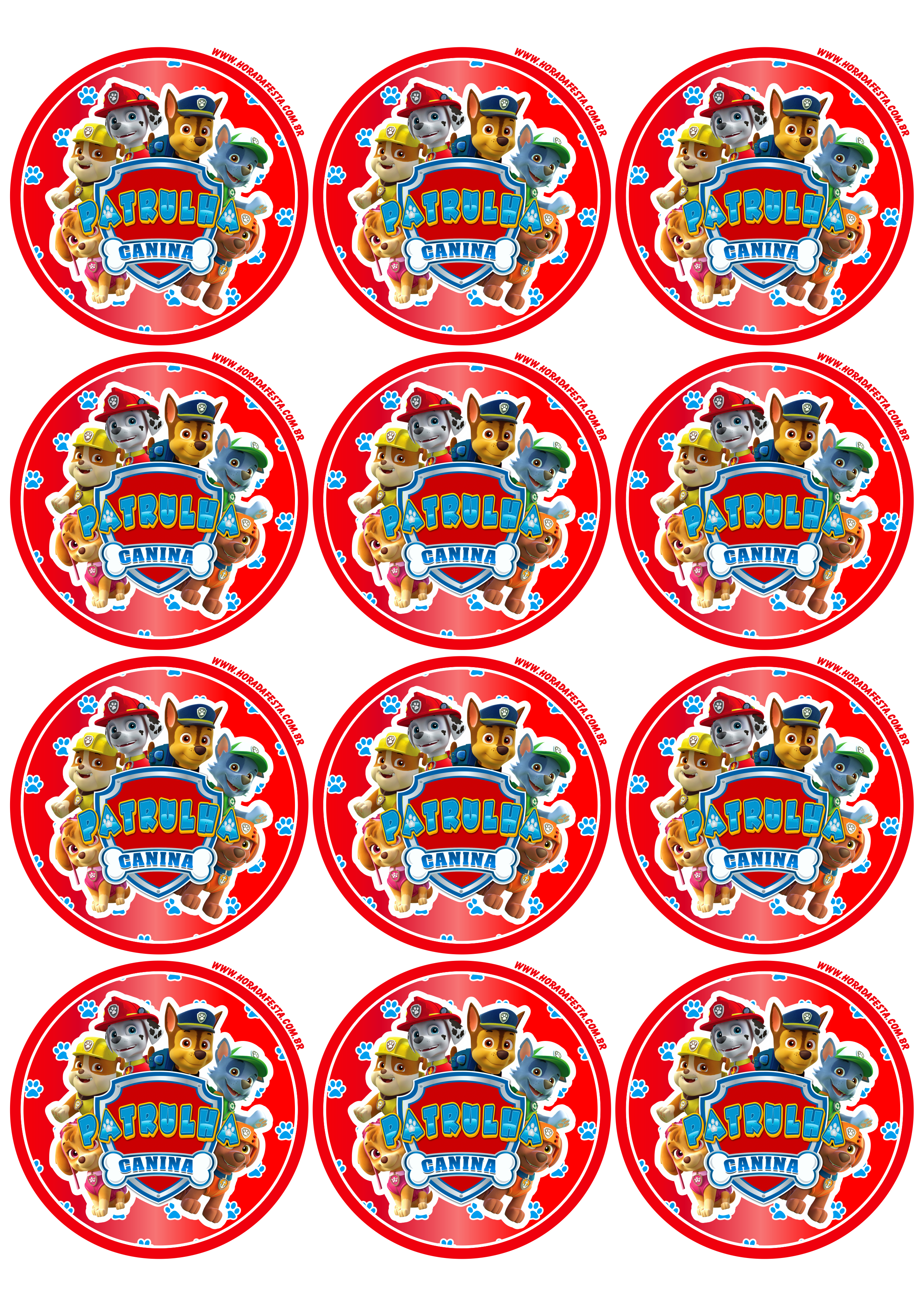 Adesivo redondo vermelho tag etiquetas patrulha canina grátis turma completa decoração de aniversário 12 imagens png