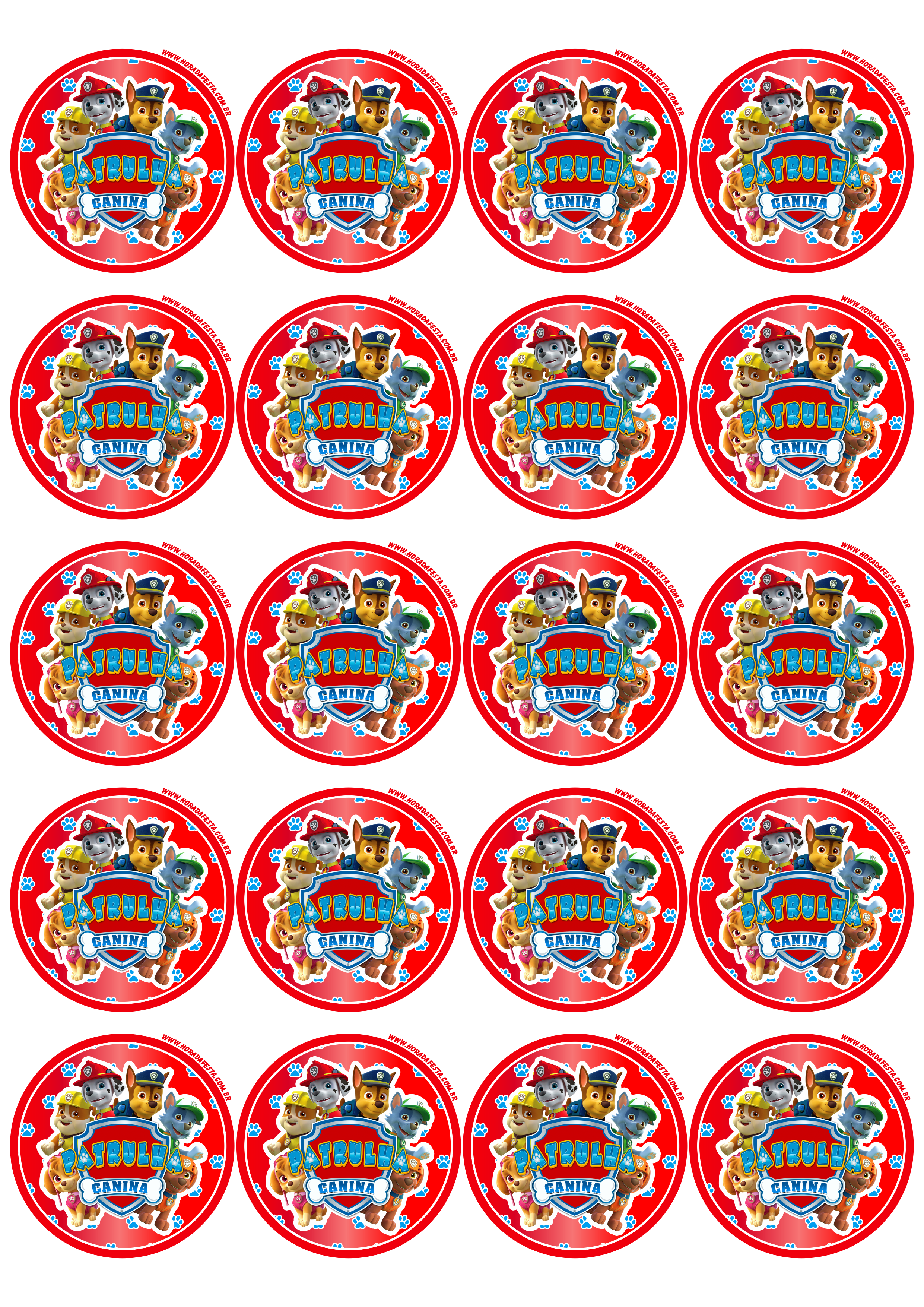 Adesivo redondo vermelho tag etiquetas patrulha canina grátis turma completa decoração de aniversário 20 imagens png