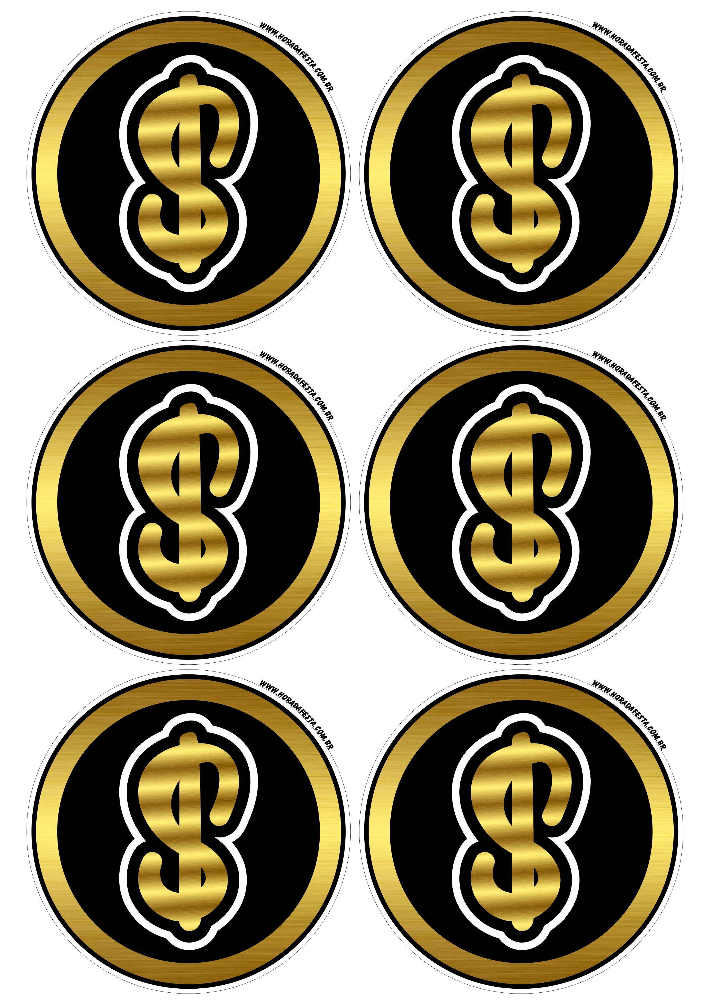 Money cifrão símbolo do dinheiro adesivo redondo dourado tag sticker decoração de mimos para festa 6 imagens png