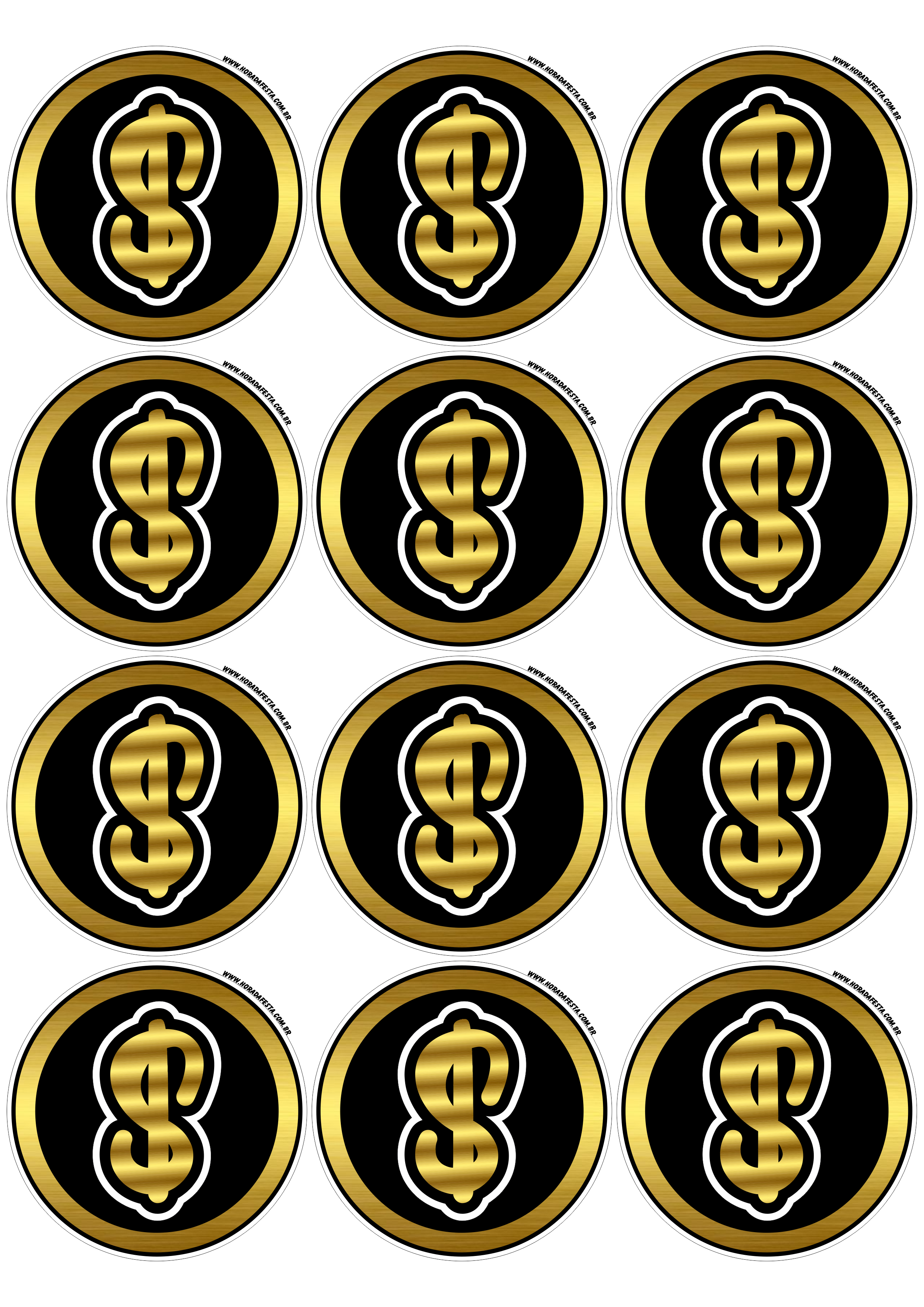 Money cifrão símbolo do dinheiro adesivo redondo dourado tag sticker decoração de mimos para festa 12 imagens png