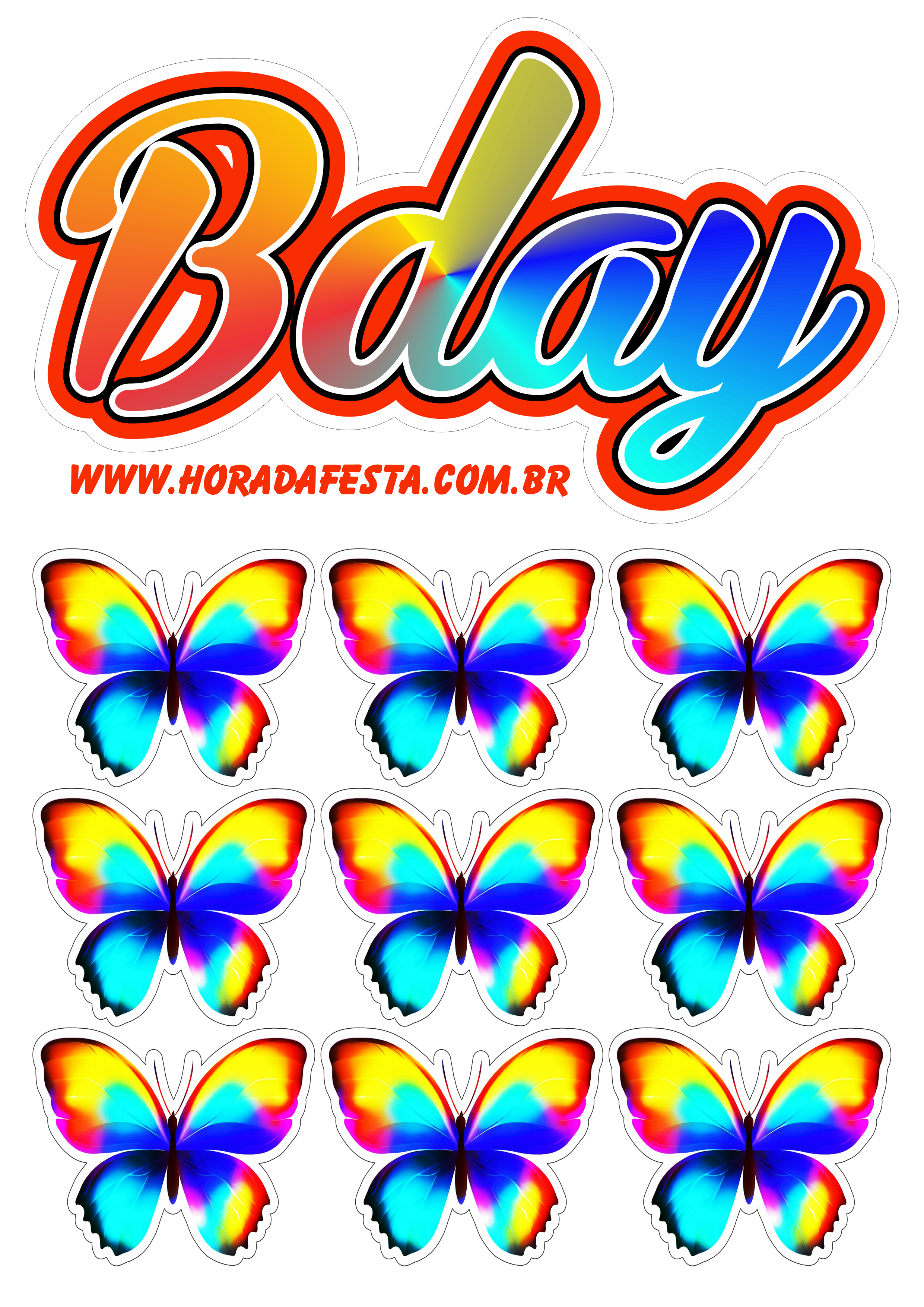 Happy birthday Bday topo de bolo para imprimir borboletas coloridas fazendo a nossa festa png