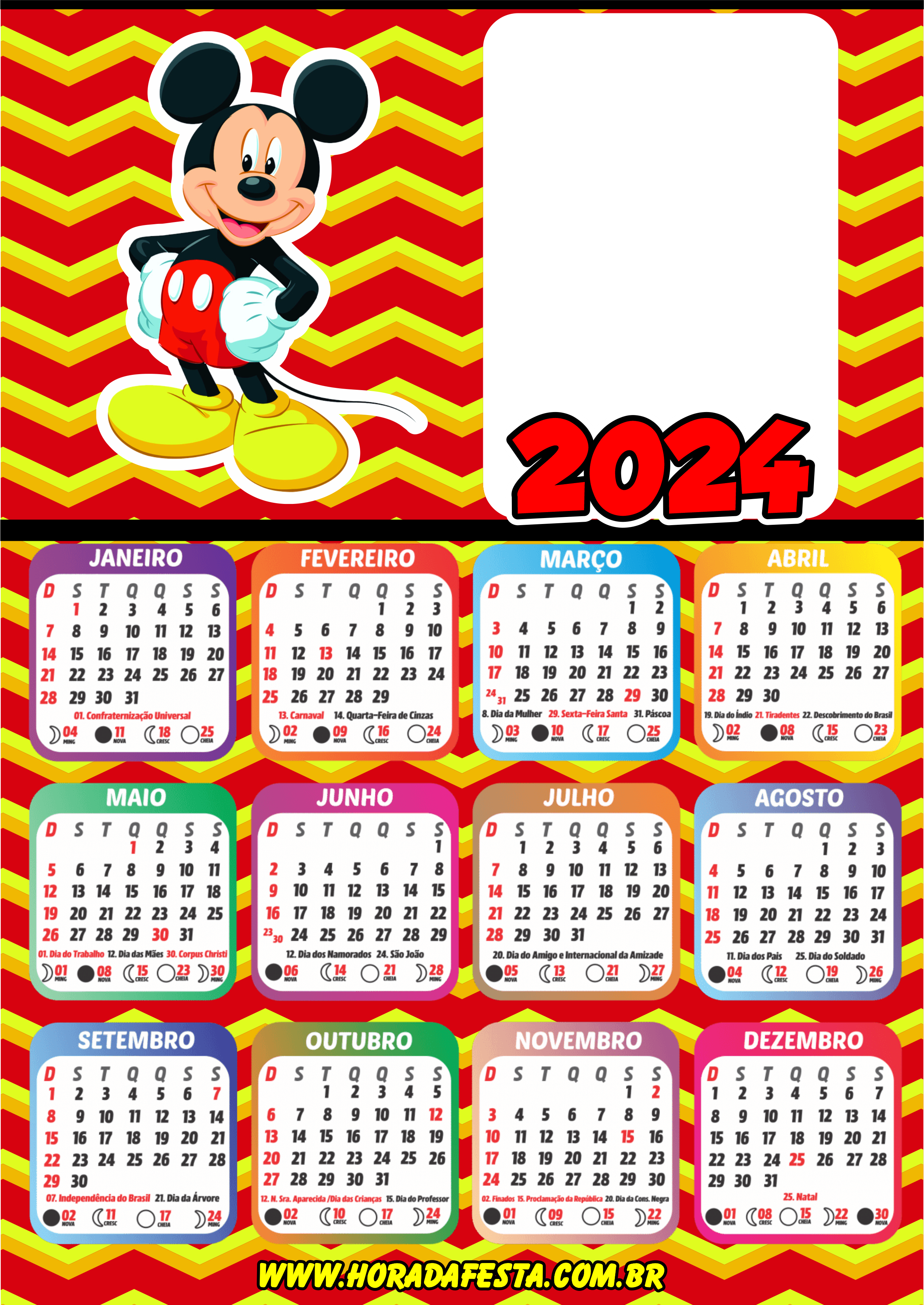 Calendário 2024 personalizados porta retrato infantil Mickey mouse png