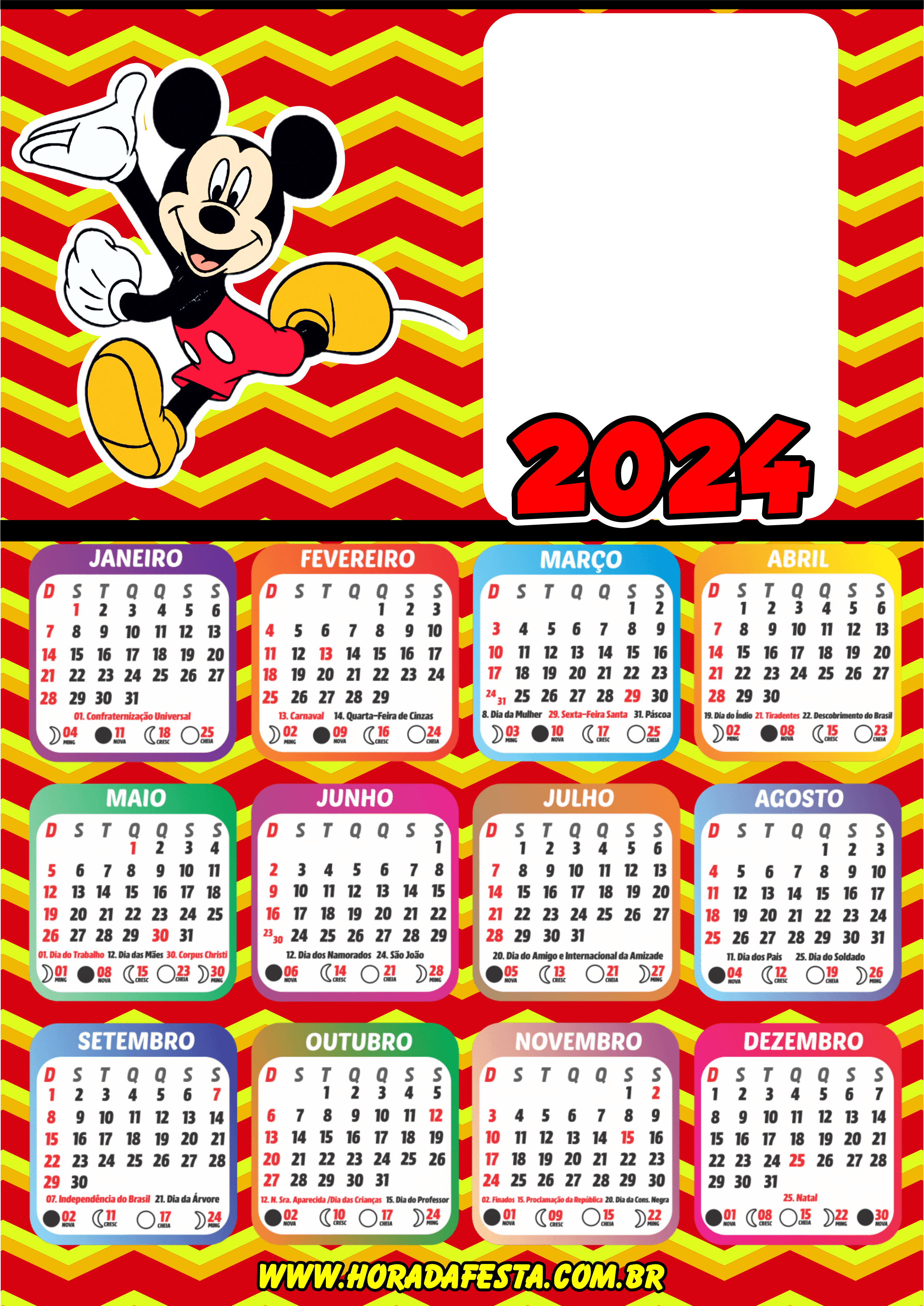 Calendário 2024 personalizados porta retrato infantil Mickey mouse artes gráficas png