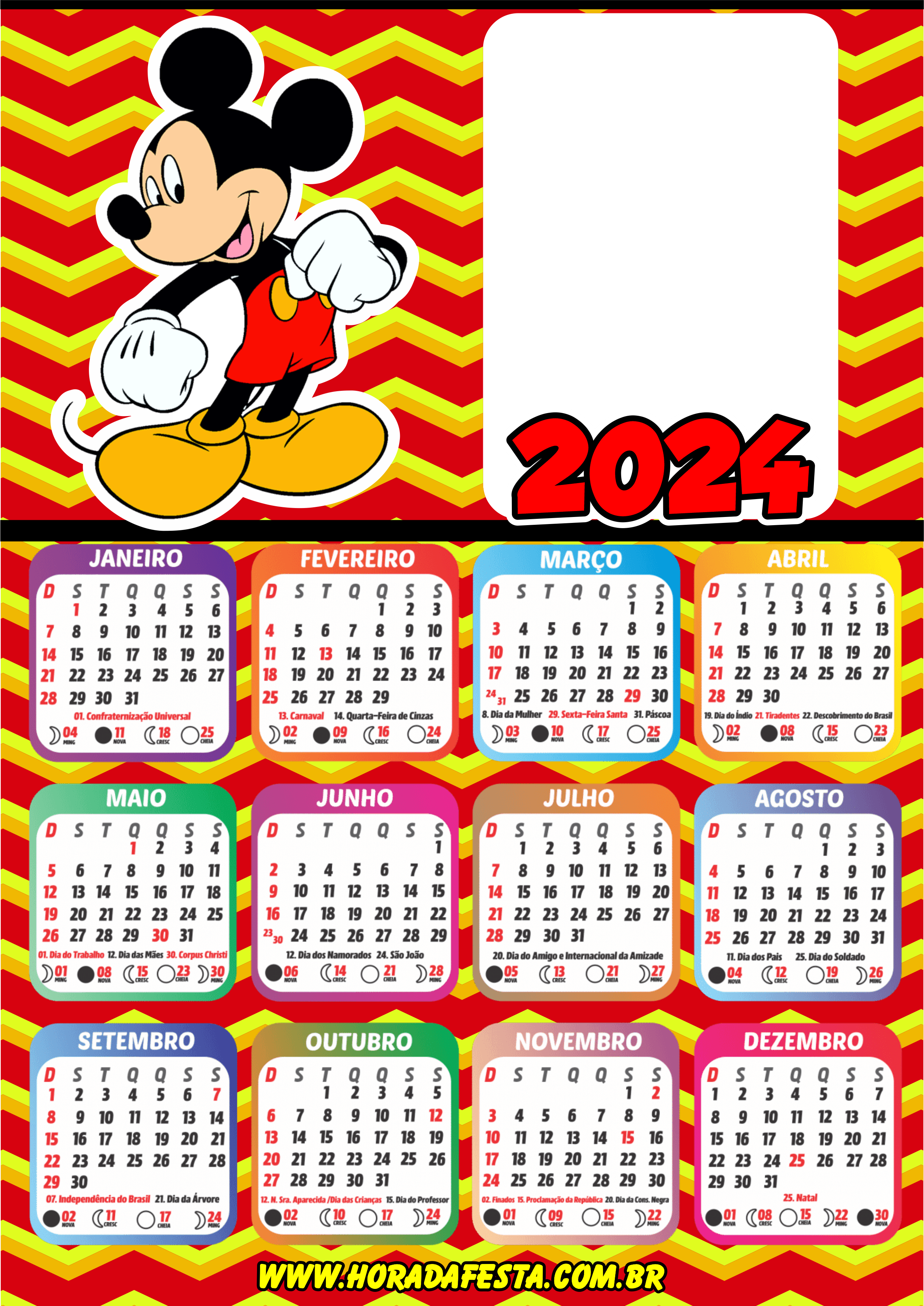 Calendário 2024 personalizados porta retrato infantil Mickey mouse design png