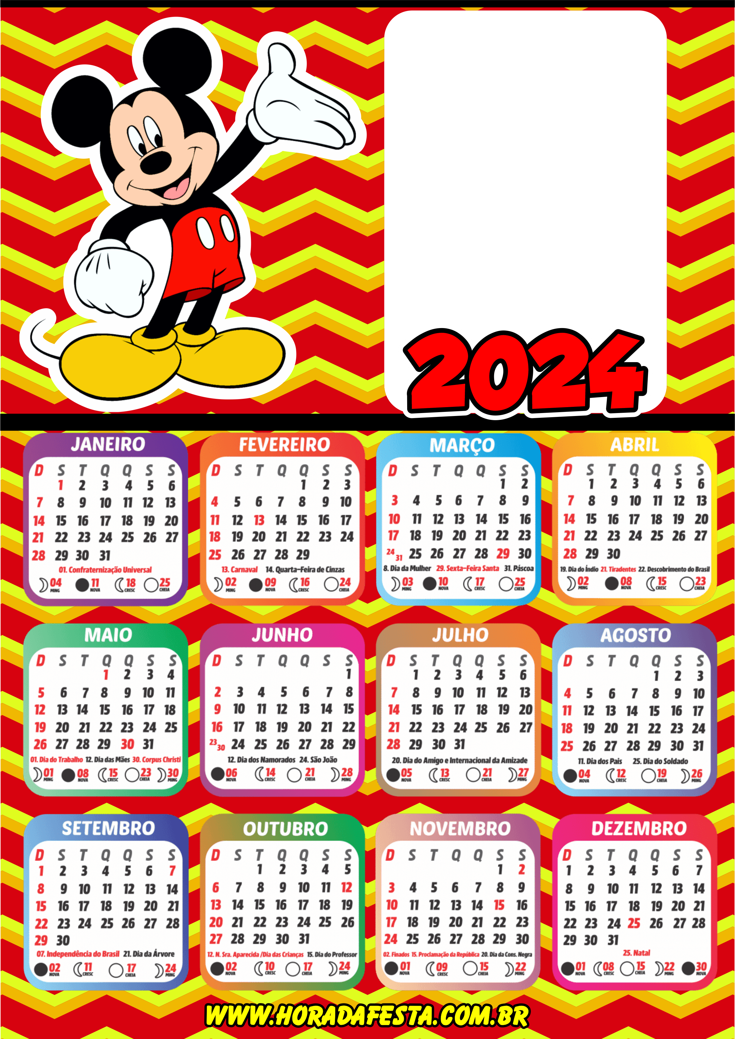 Calendário 2024 personalizados porta retrato infantil Mickey mouse pronto para imprimir png