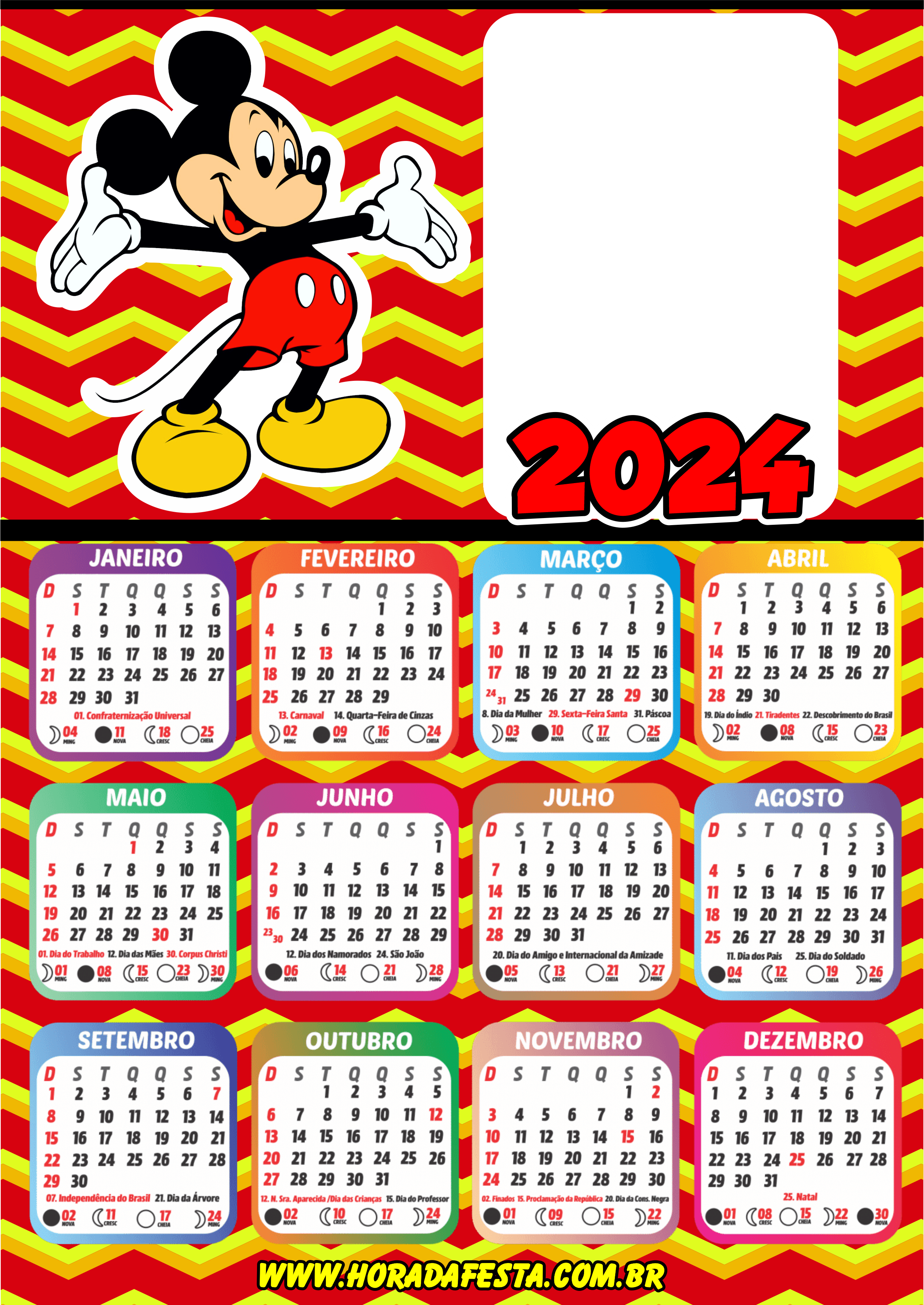 Calendário 2024 personalizados porta retrato infantil Mickey mouse pronto para imprimir designer gráfico png
