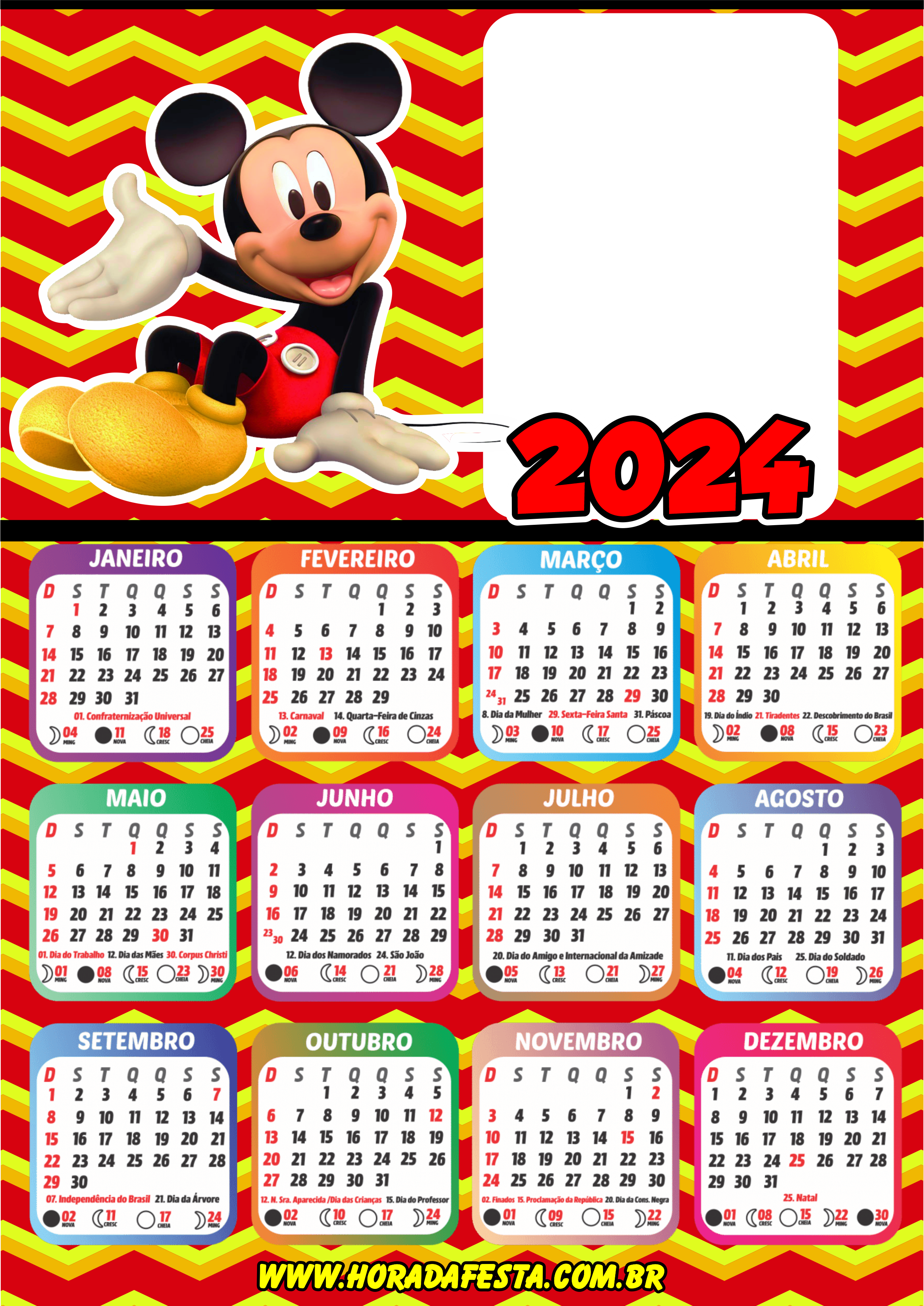 Calendário 2024 personalizados porta retrato infantil Mickey mouse pronto para imprimir designer gráfico colorido png