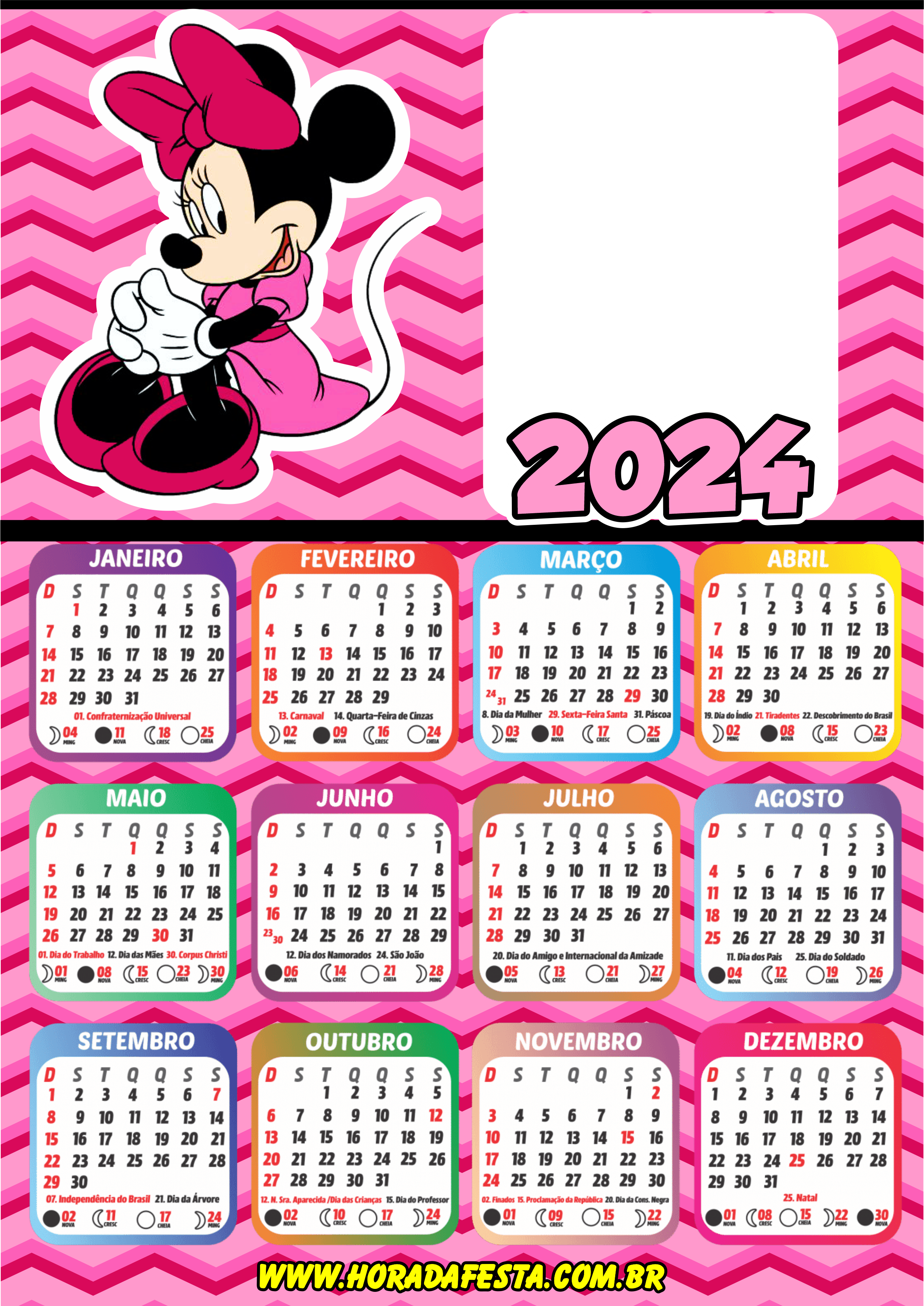 Calendário 2024 personalizados porta retrato infantil Minnie mouse rosa png