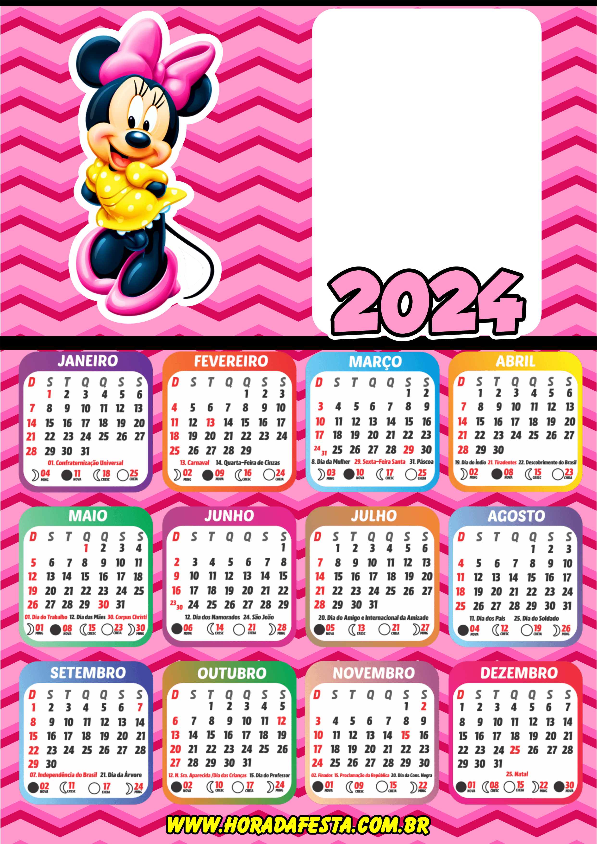 Calendário 2024 personalizados porta retrato infantil Minnie mouse vestido amarelo png