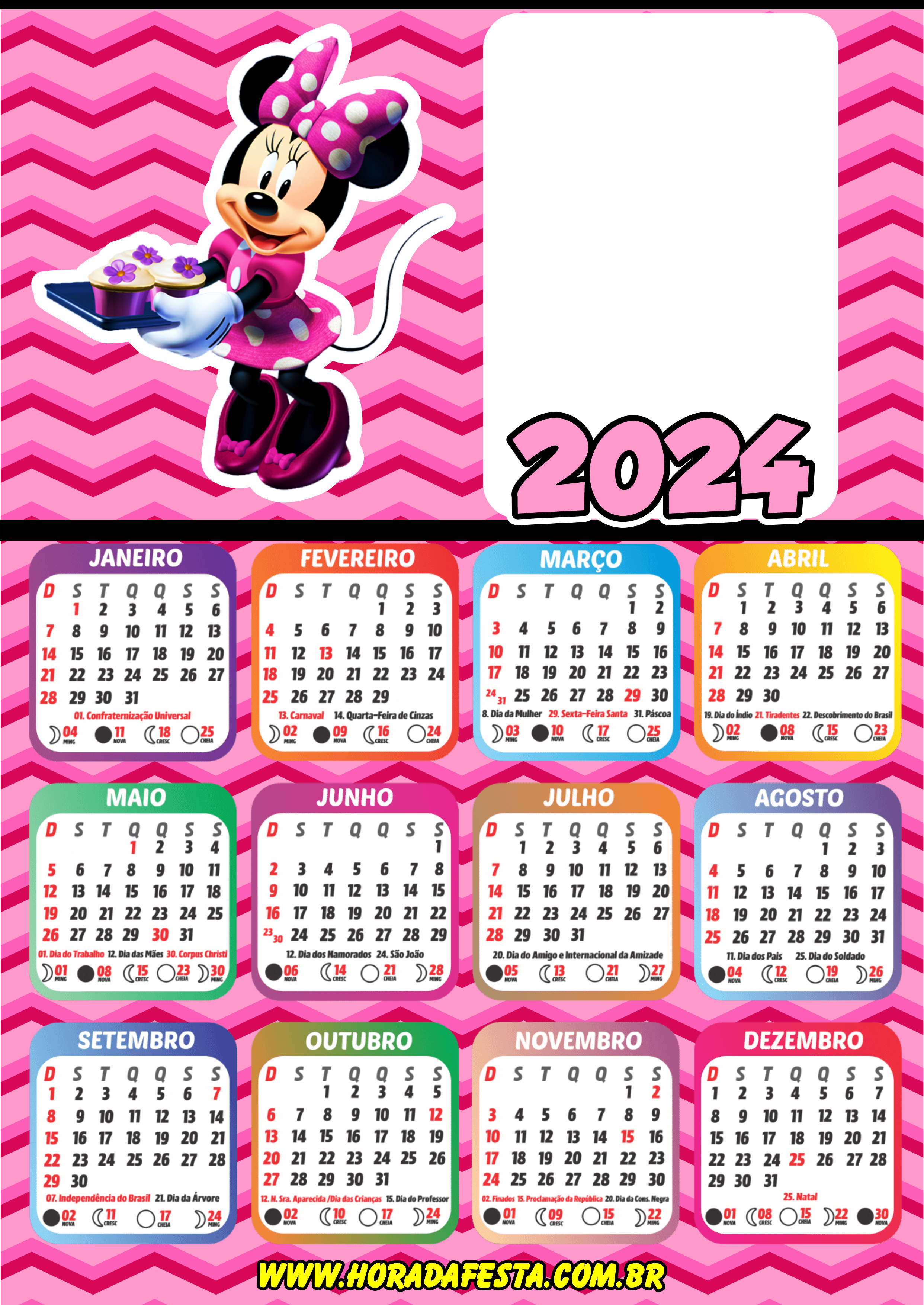 Calendário 2024 personalizados porta retrato infantil Minnie mouse rosa artes gráficas png