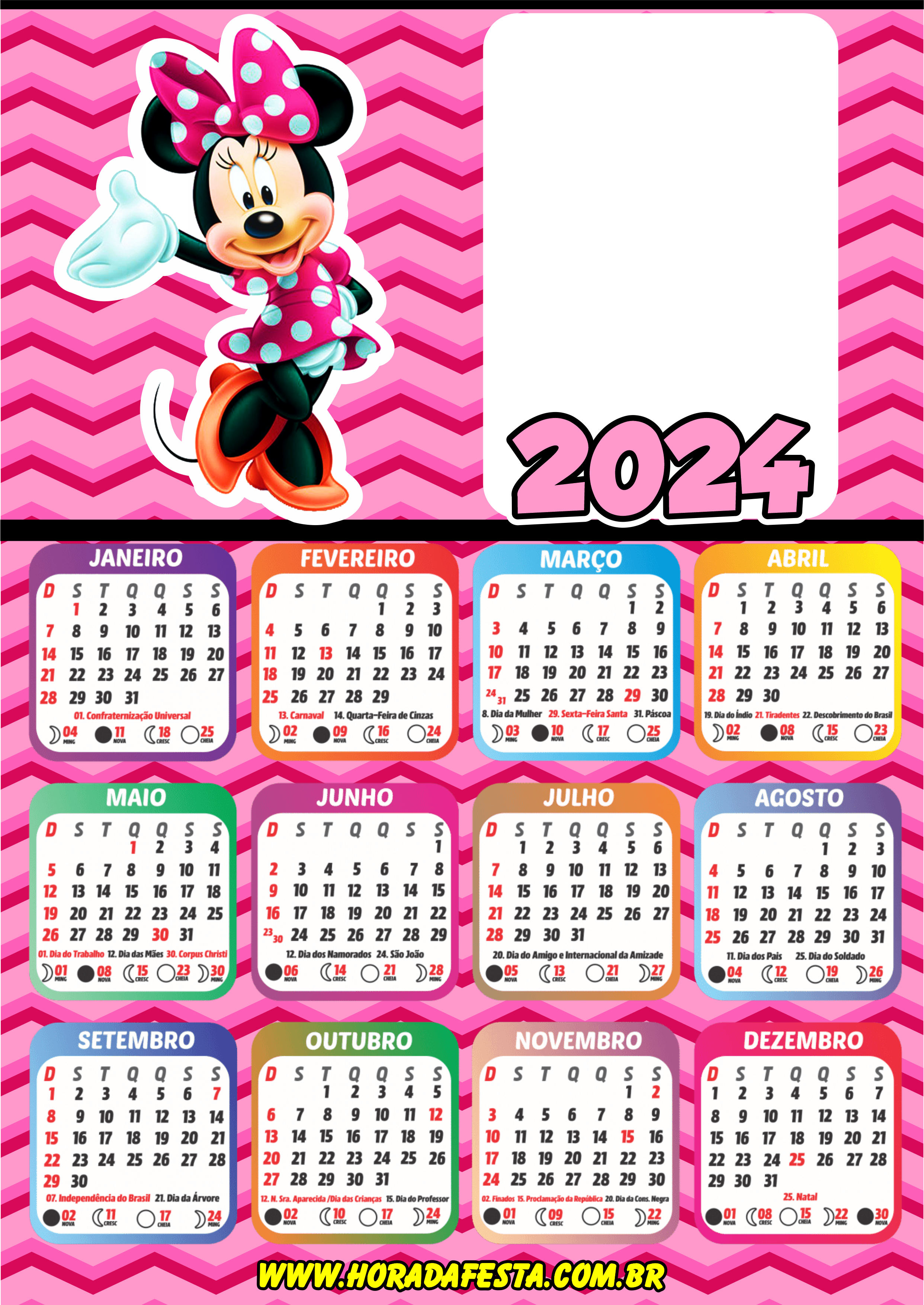 Calendário 2024 personalizados porta retrato infantil Minnie mouse rosa artes gráficas design png