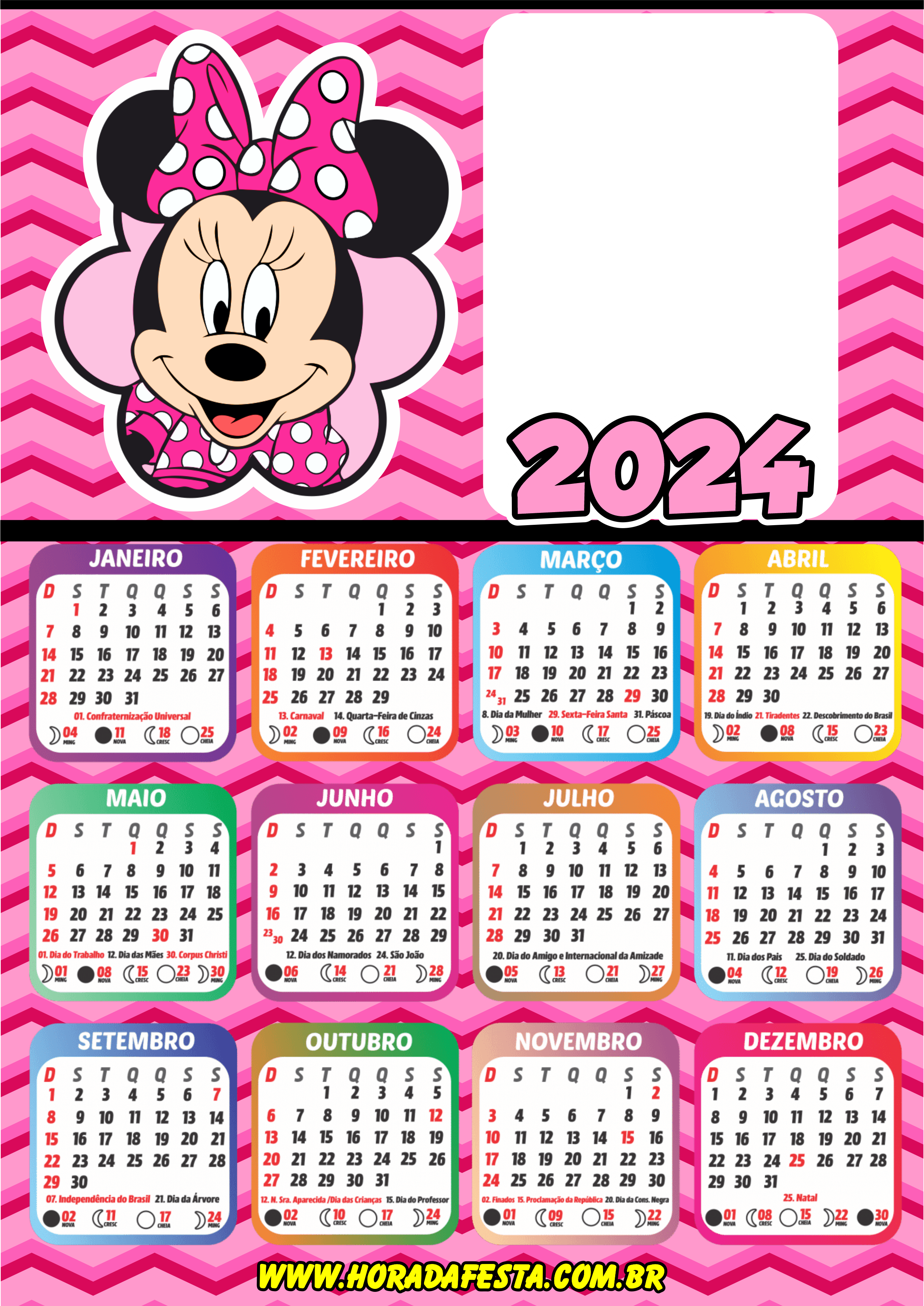 Calendário 2024 personalizados porta retrato infantil Minnie mouse rosa artes gráficas design porta retrato png