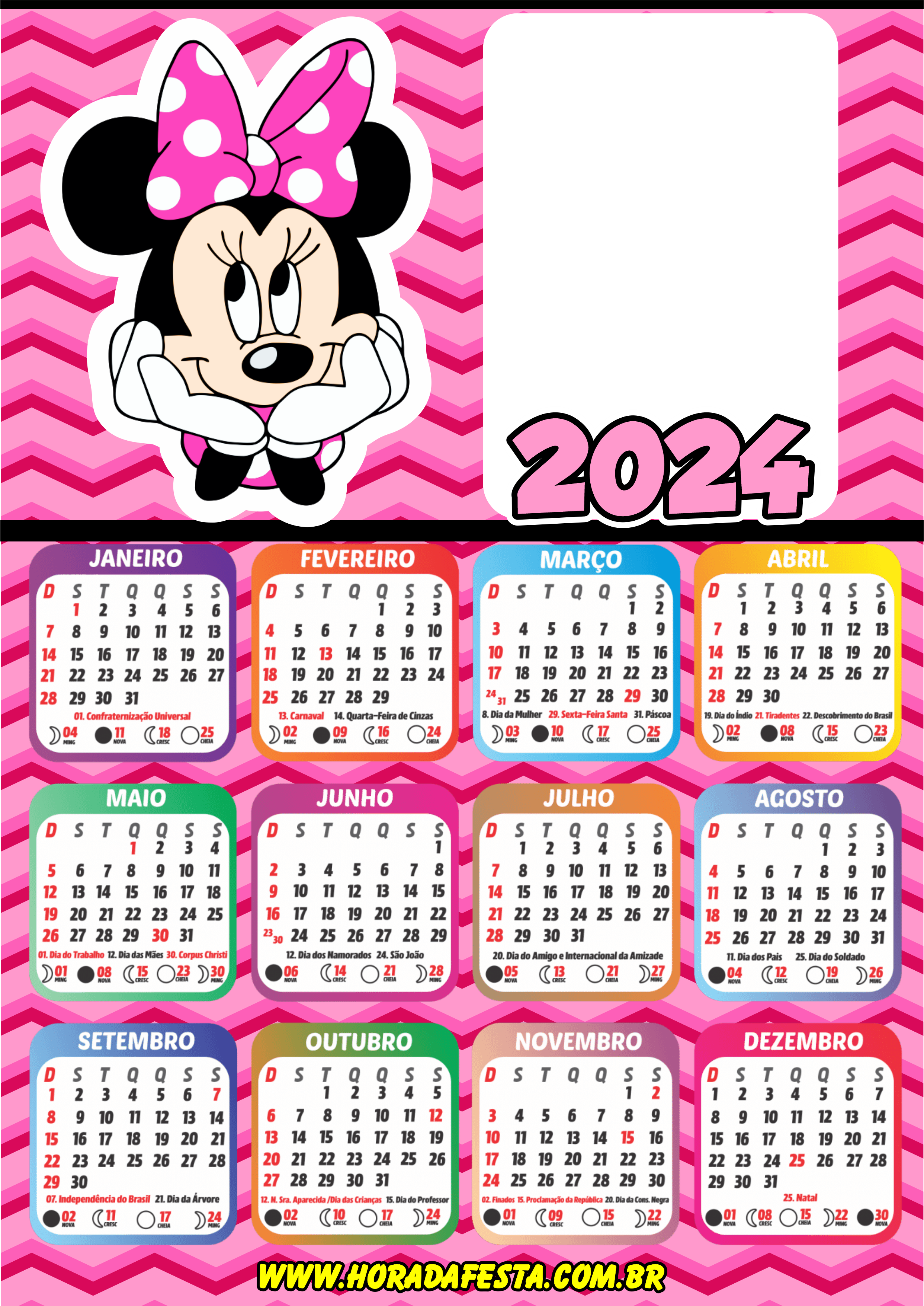 Calendário 2024 personalizados porta retrato infantil Minnie mouse rosa artes gráficas design porta retrato pronto para imprimir png