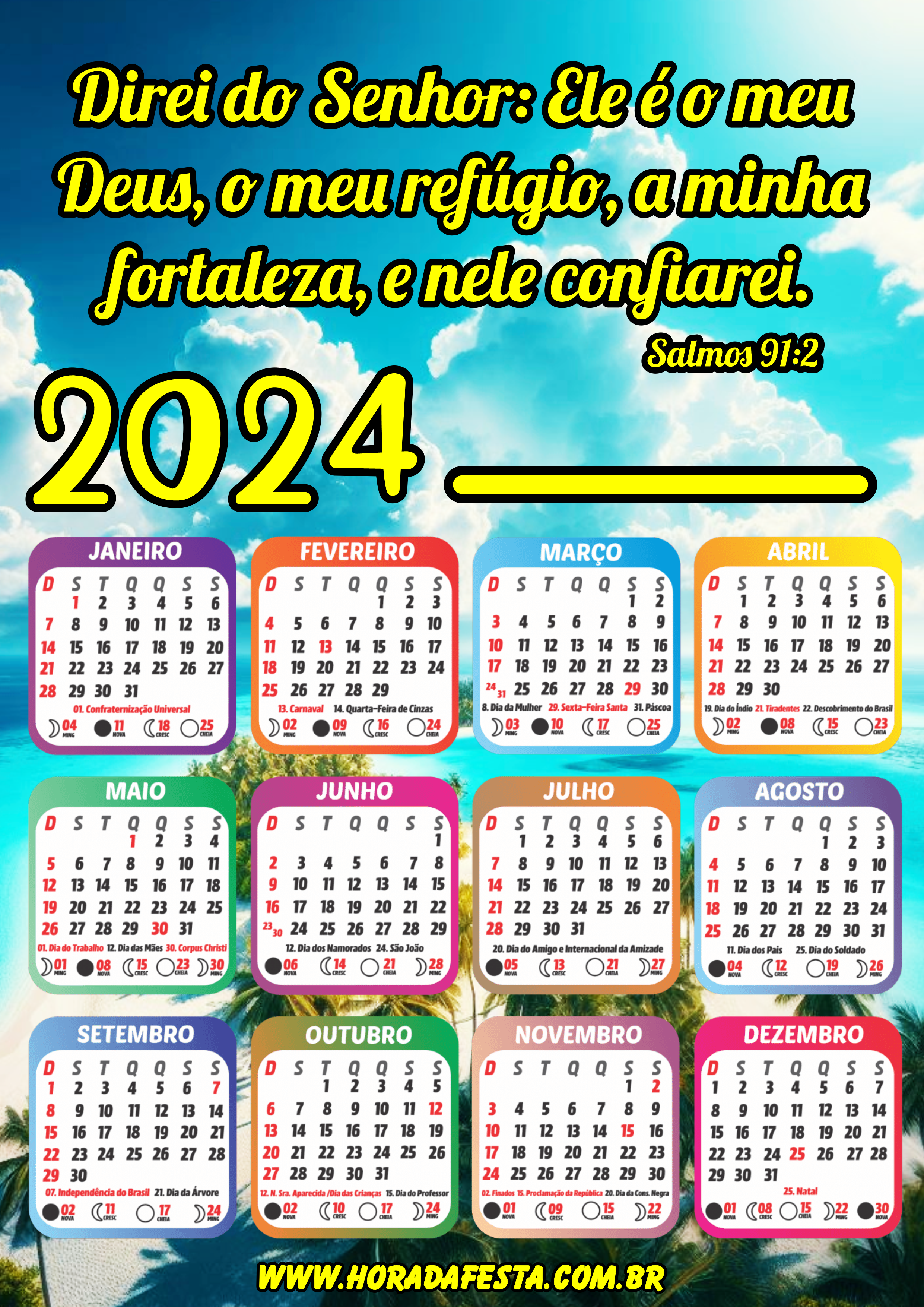 Calendário 2024 Salmo 91 frases bíblicas pronto para imprimir datas e feriados png
