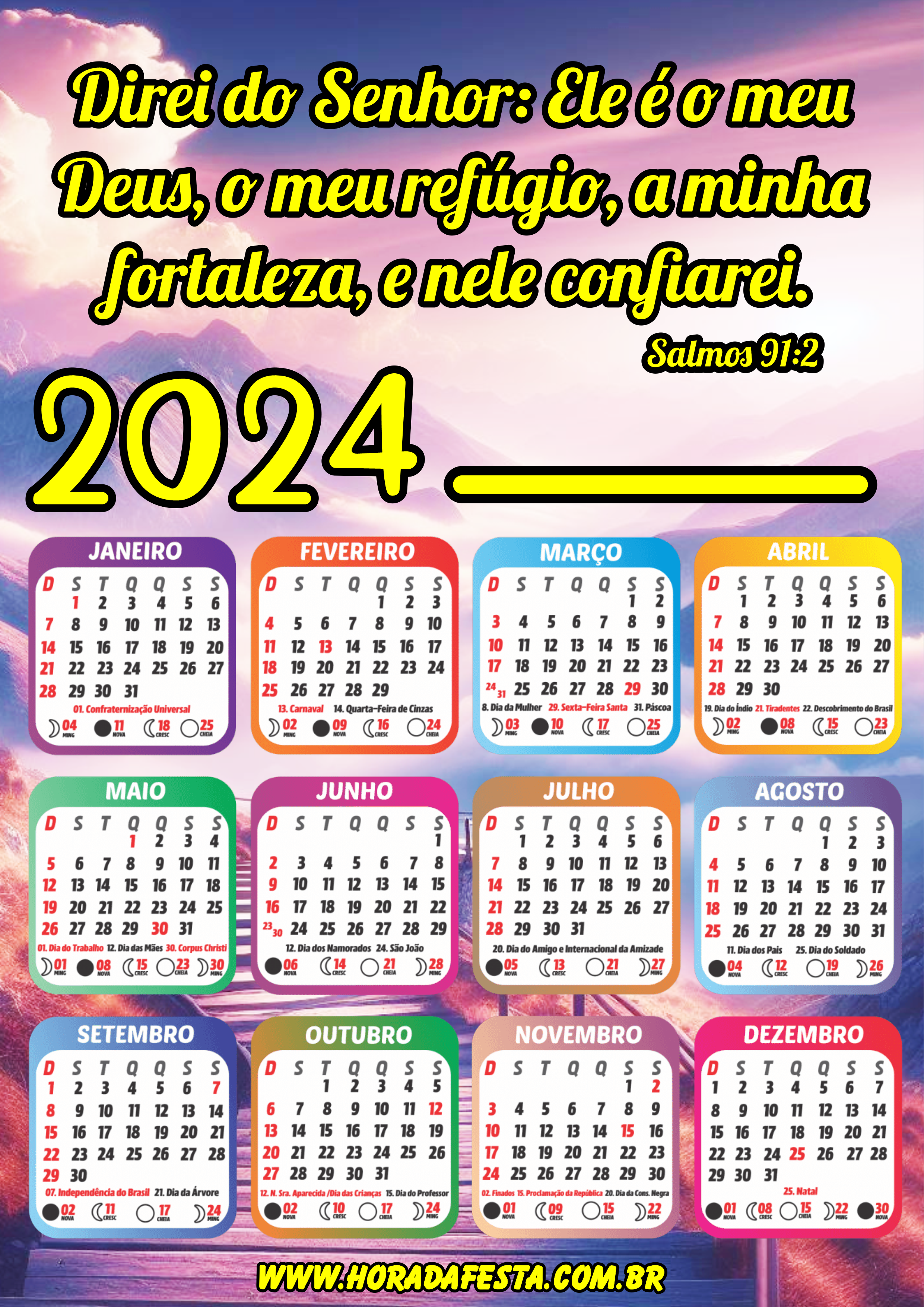 Calendário 2024 Salmo 91 frases bíblicas pronto para imprimir datas e feriados artigos de papelaria png