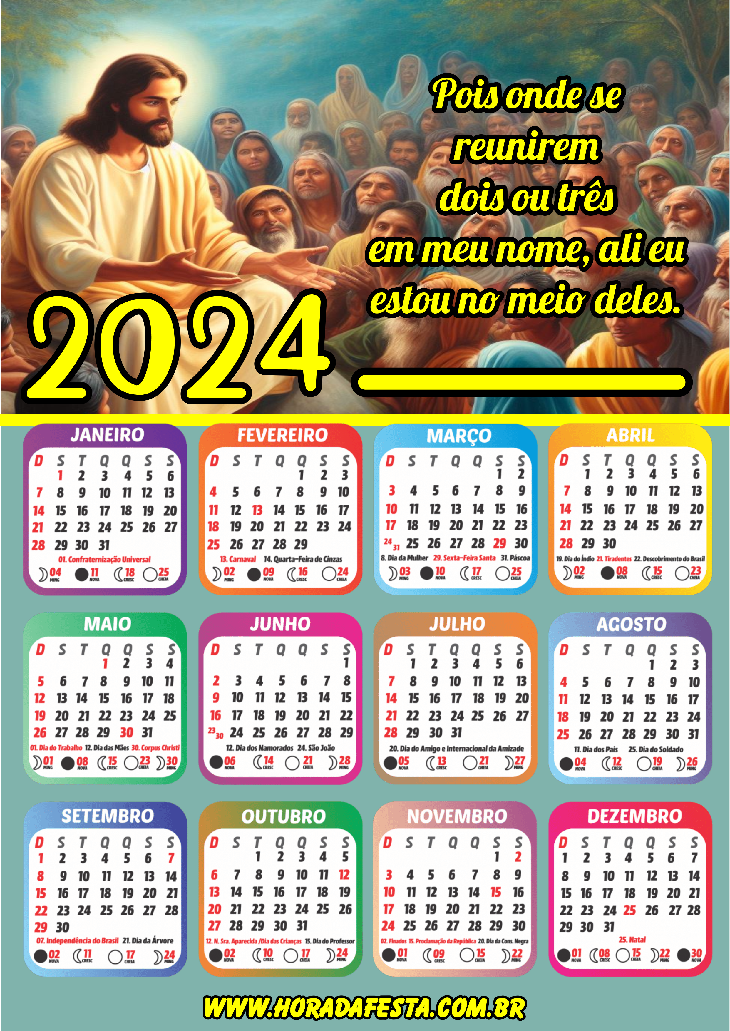Calendário 2024 Jesus Cristo frases bíblicas artigos de papelaria png