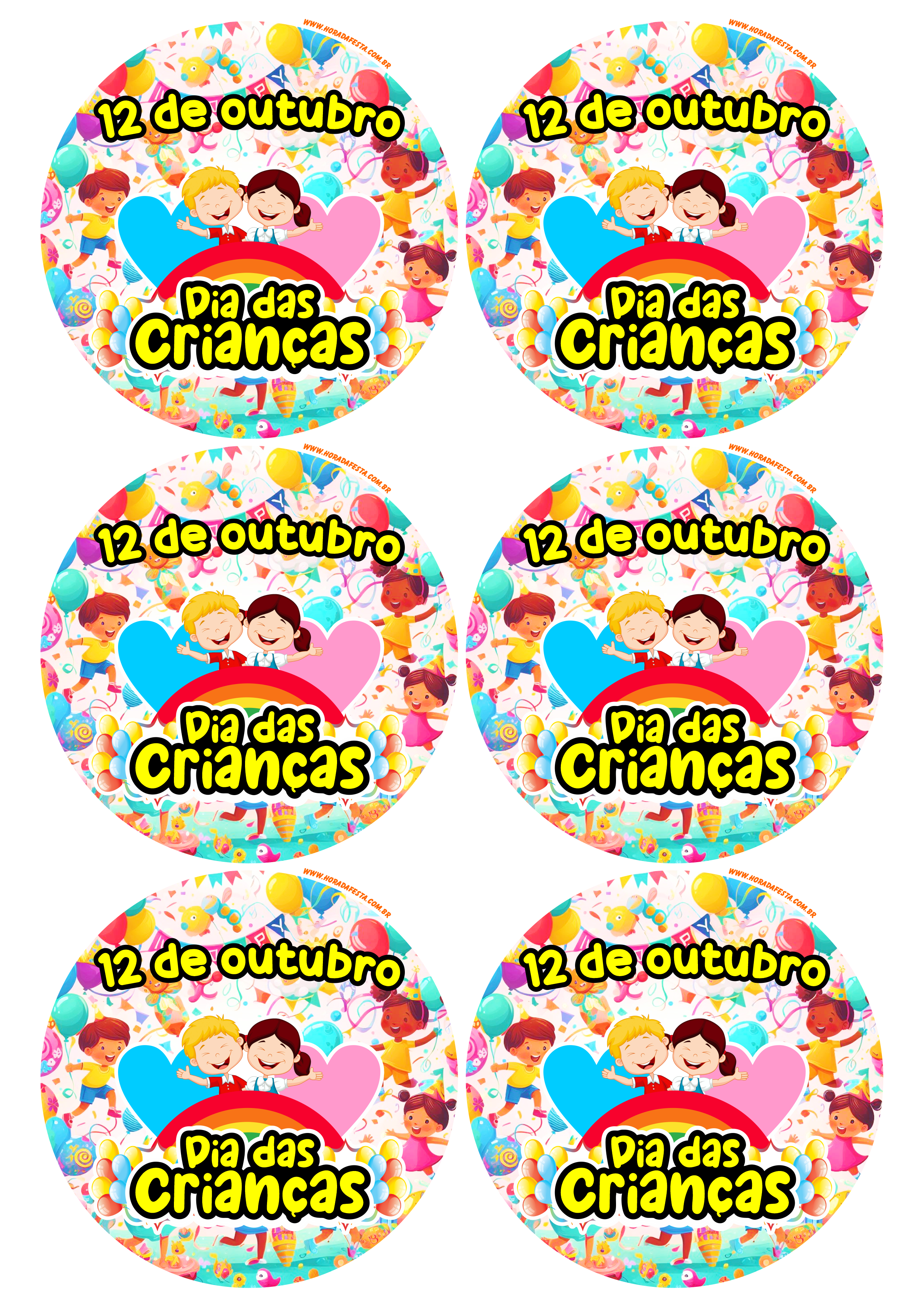 Dia das crianças 12 de outubro adesivo tag sticker etiqueta para decoração redondo 6 imagens png