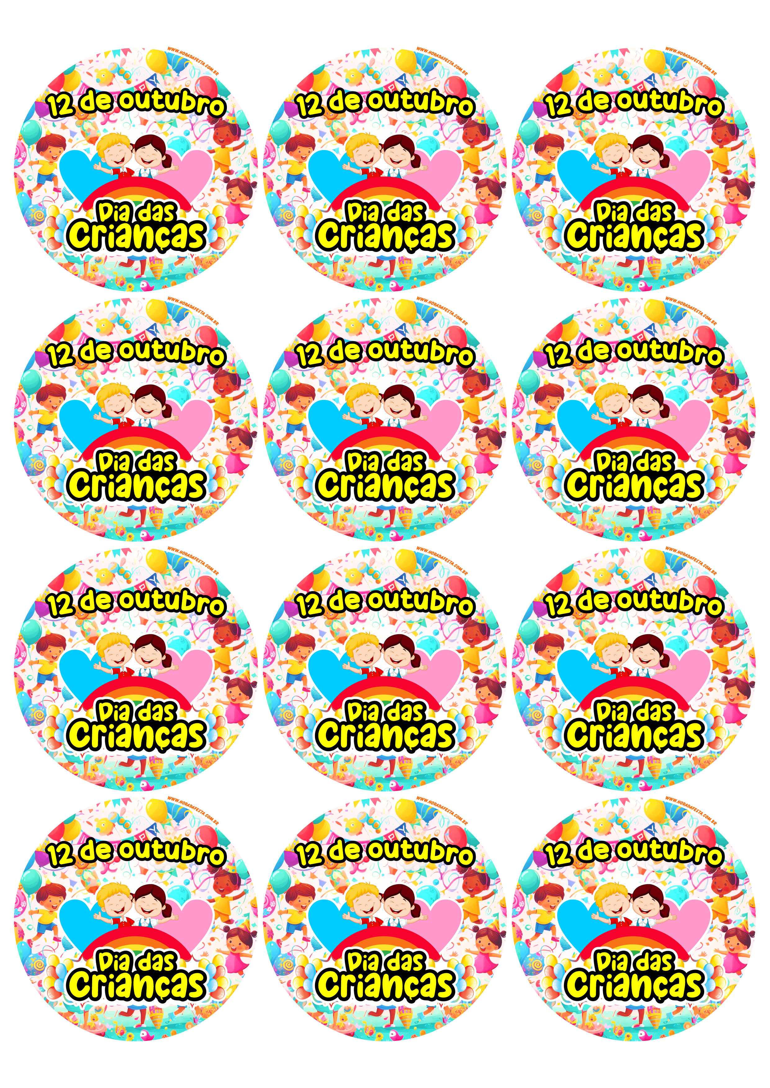 Dia das crianças 12 de outubro adesivo tag sticker etiqueta para decoração redondo 12 imagens png