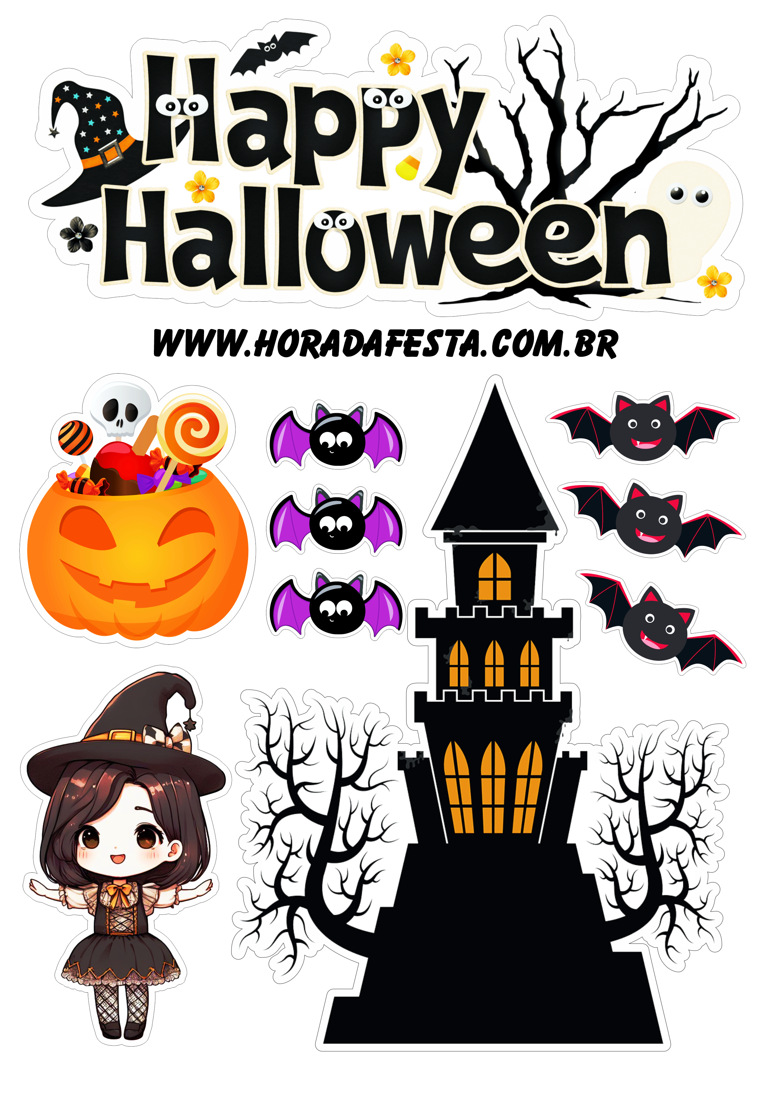 Dia das bruxas Happy Halloween topo de bolo para imprimir bruxinha com morcegos castelo assustador png