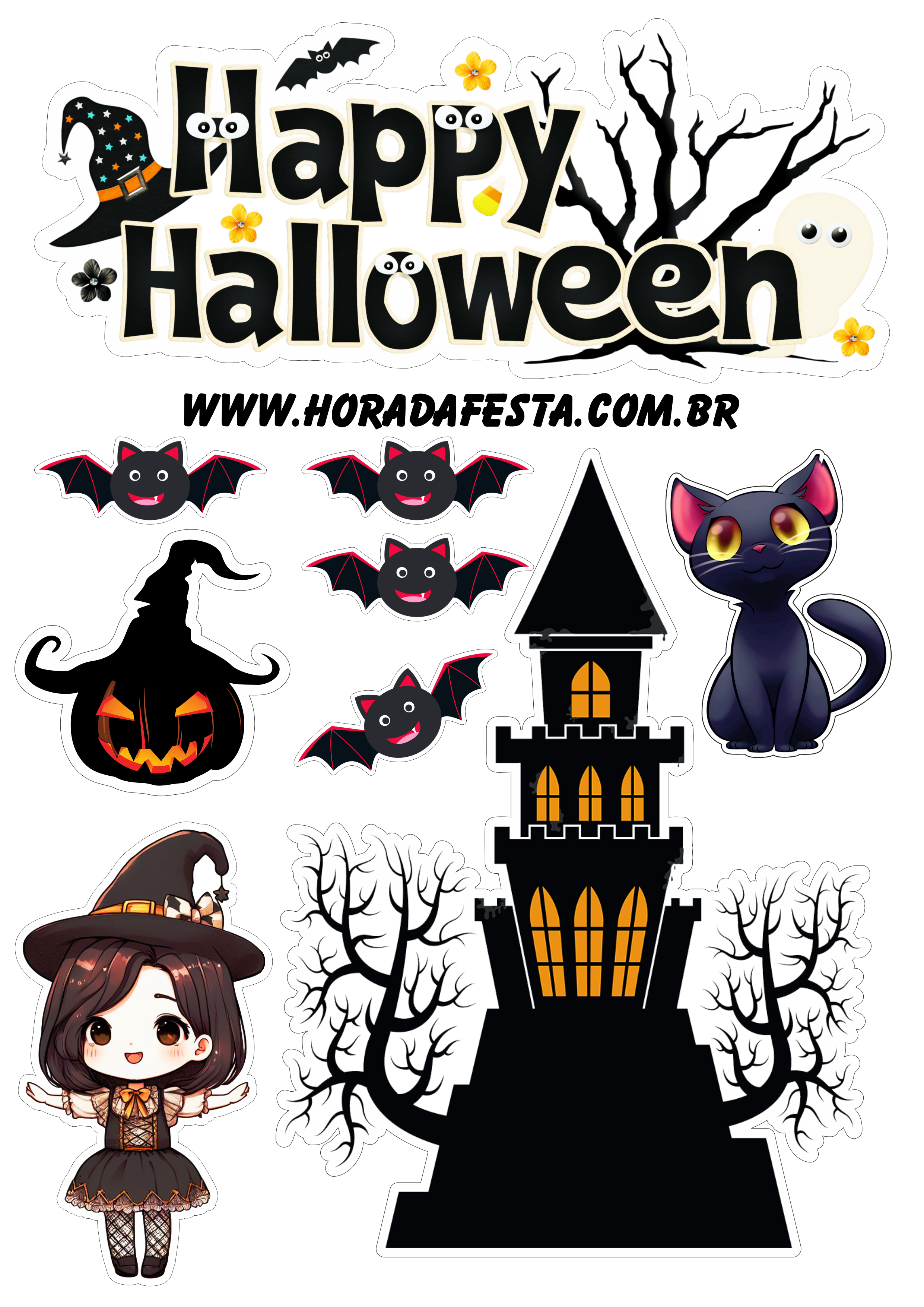 Dia das bruxas Happy Halloween topo de bolo para imprimir bruxinha com morcegos castelo assustador gatinho png