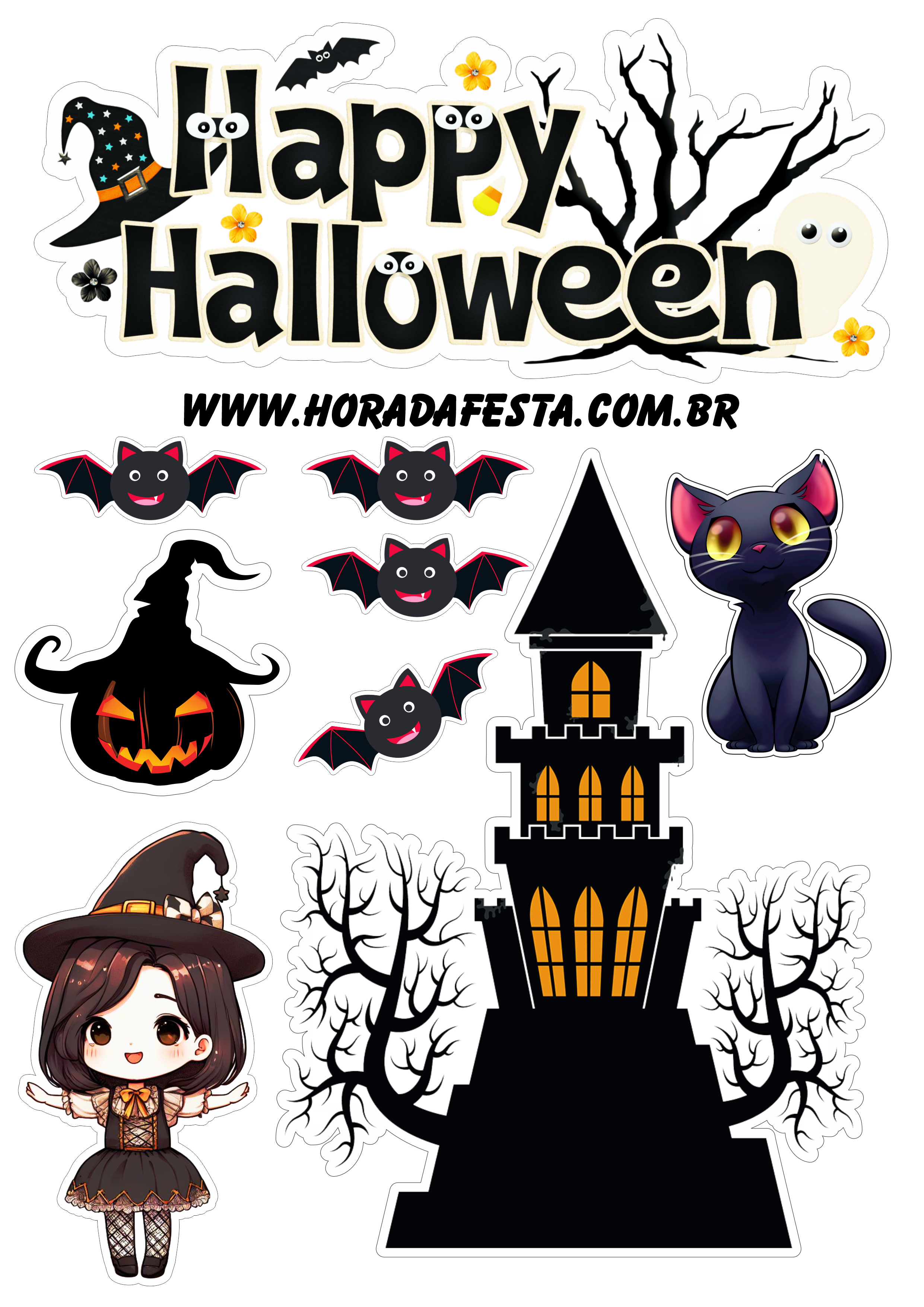 Dia das bruxas Happy Halloween topo de bolo para imprimir bruxinha com  morcegos castelo assustador png