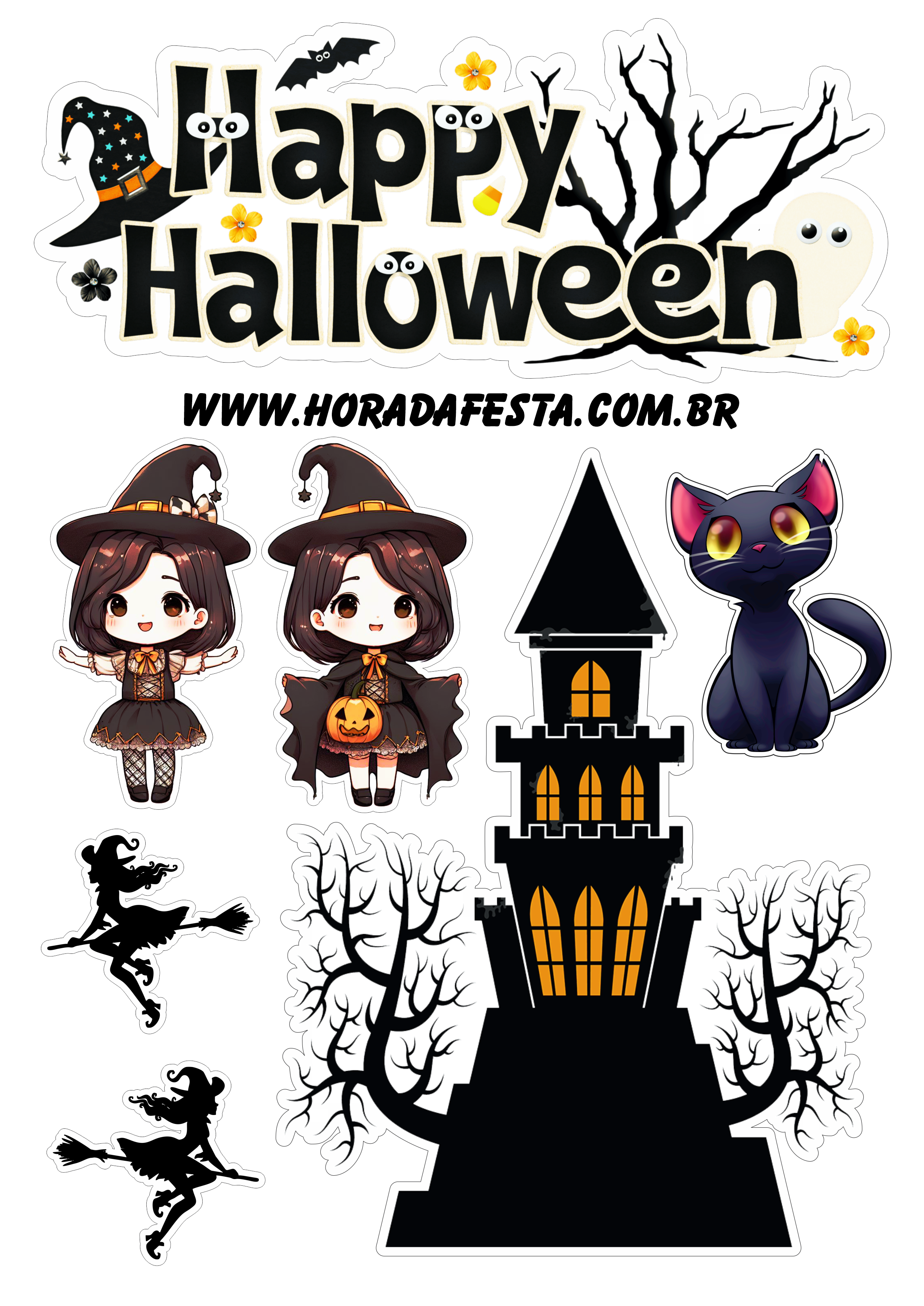 Dia das bruxas Happy Halloween topo de bolo para imprimir bruxinhas castelo assustador decoração free design png