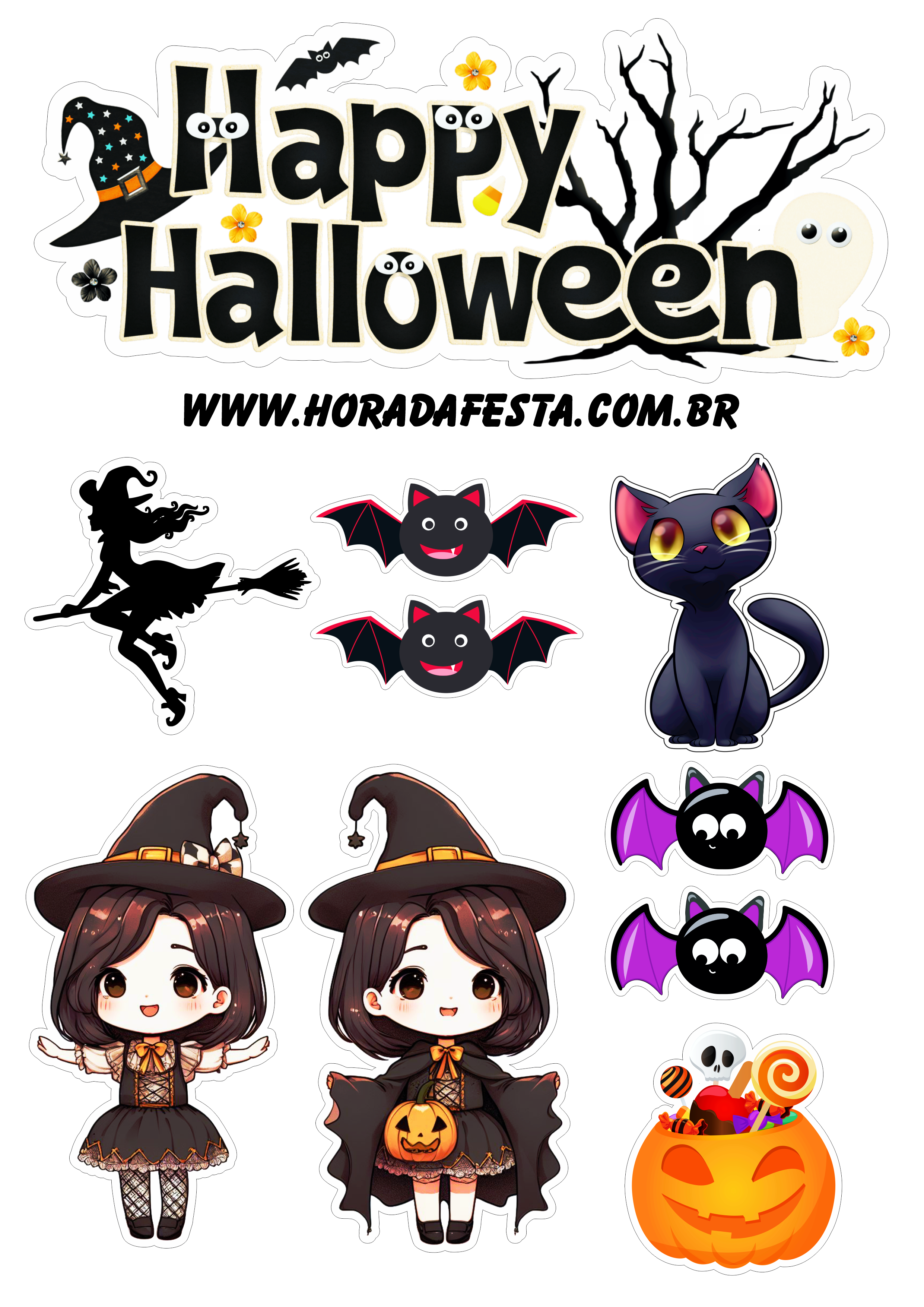 Dia das bruxas Happy Halloween topo de bolo para imprimir bruxinhas decoração artes gráficas png