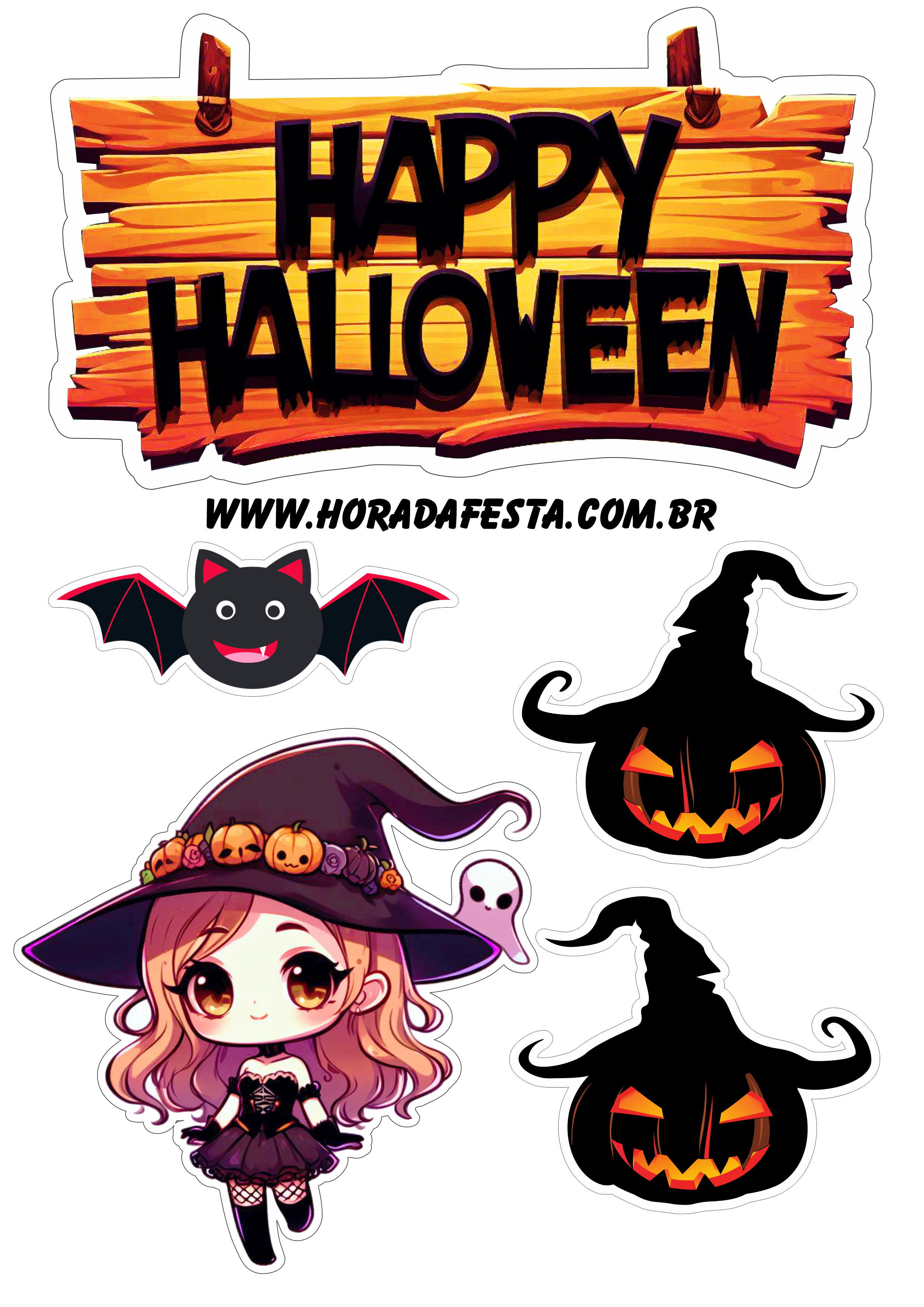 Happy Halloween topo de bolo para imprimir bruxinha com morcegos e abóboras png