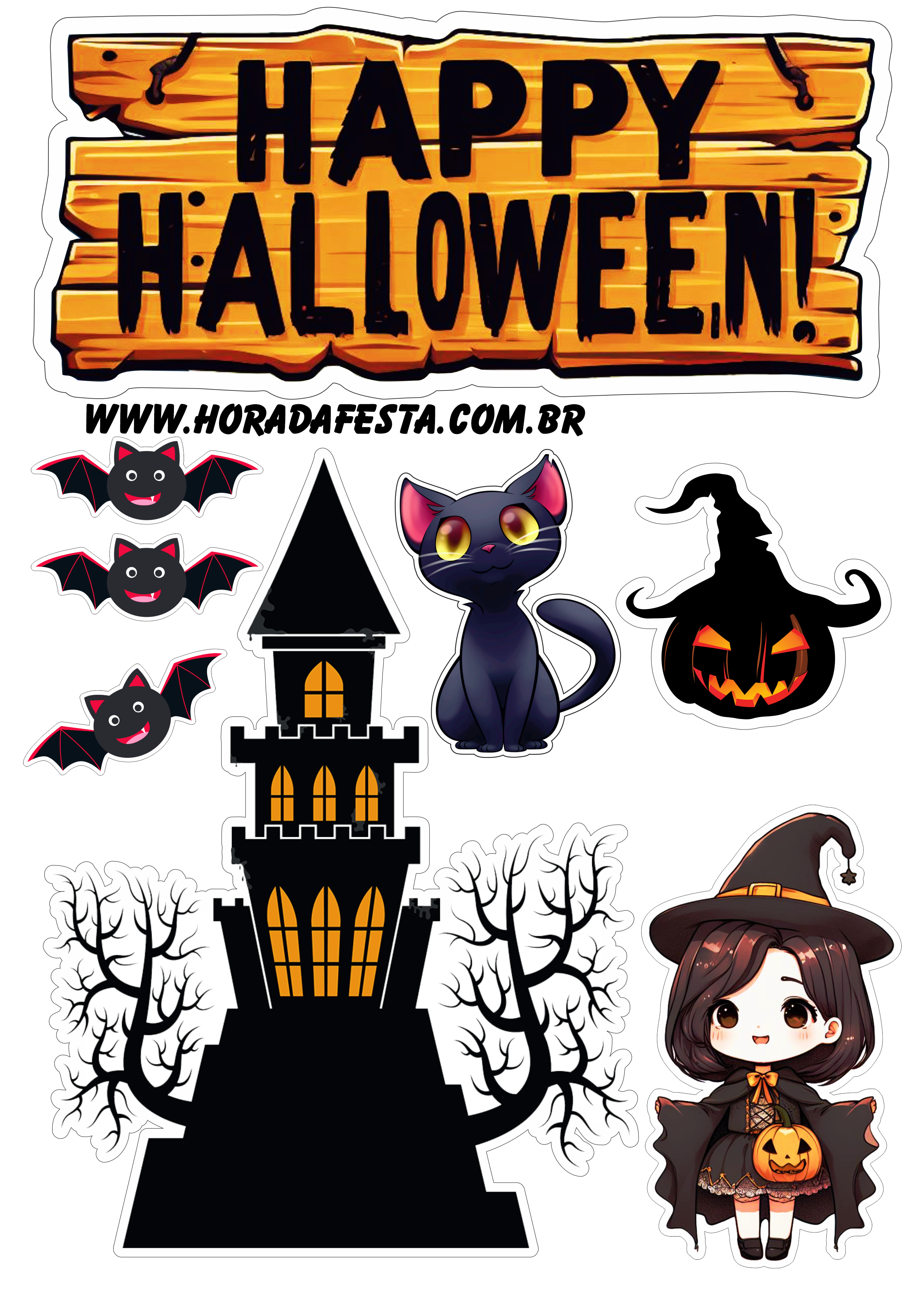 Happy Halloween topo de bolo para imprimir bruxinha com morcegos castelo assustador fazendo a nossa festa design png