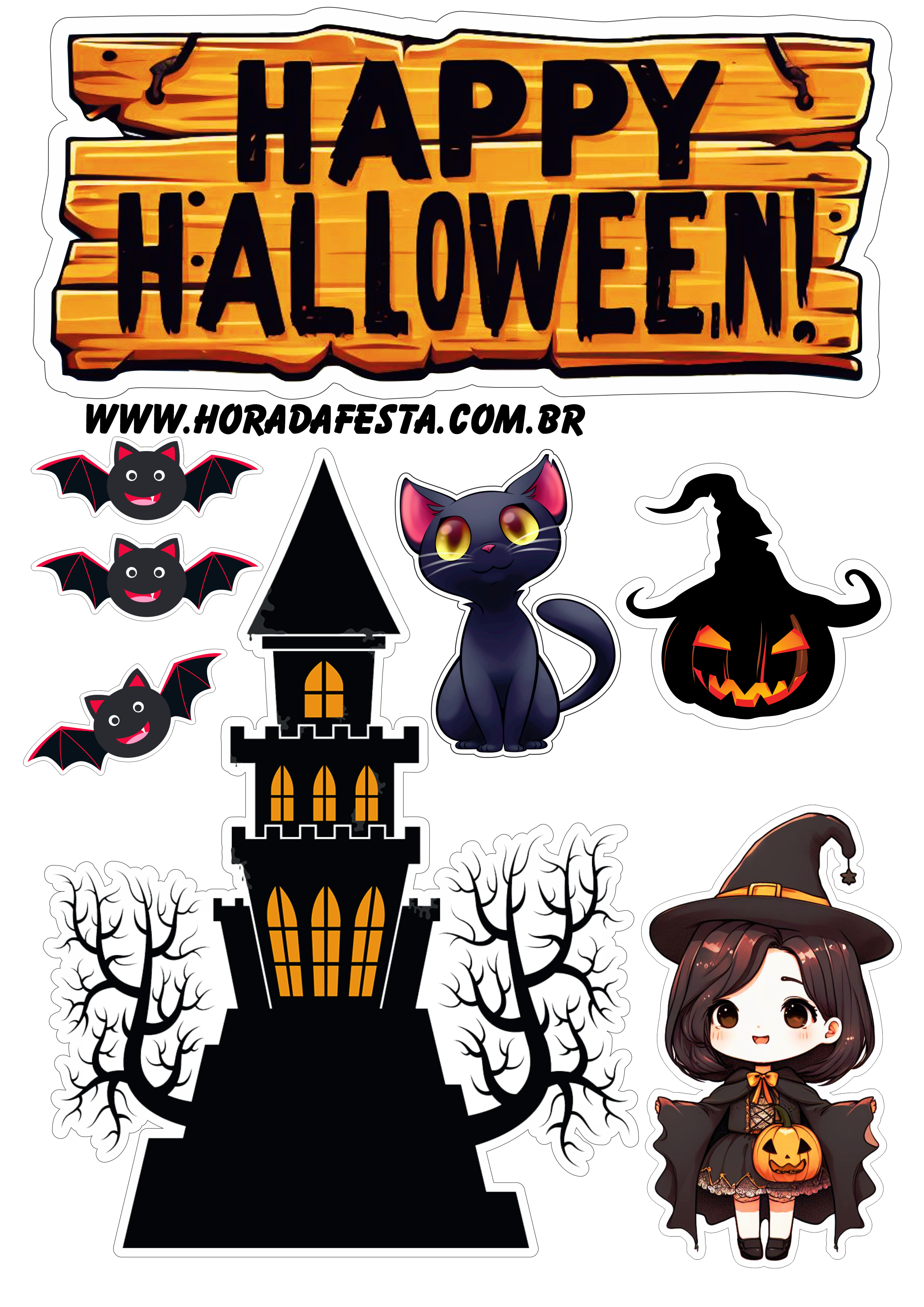 Dia das bruxas Happy Halloween topo de bolo para imprimir bruxinha com  morcegos castelo assustador png