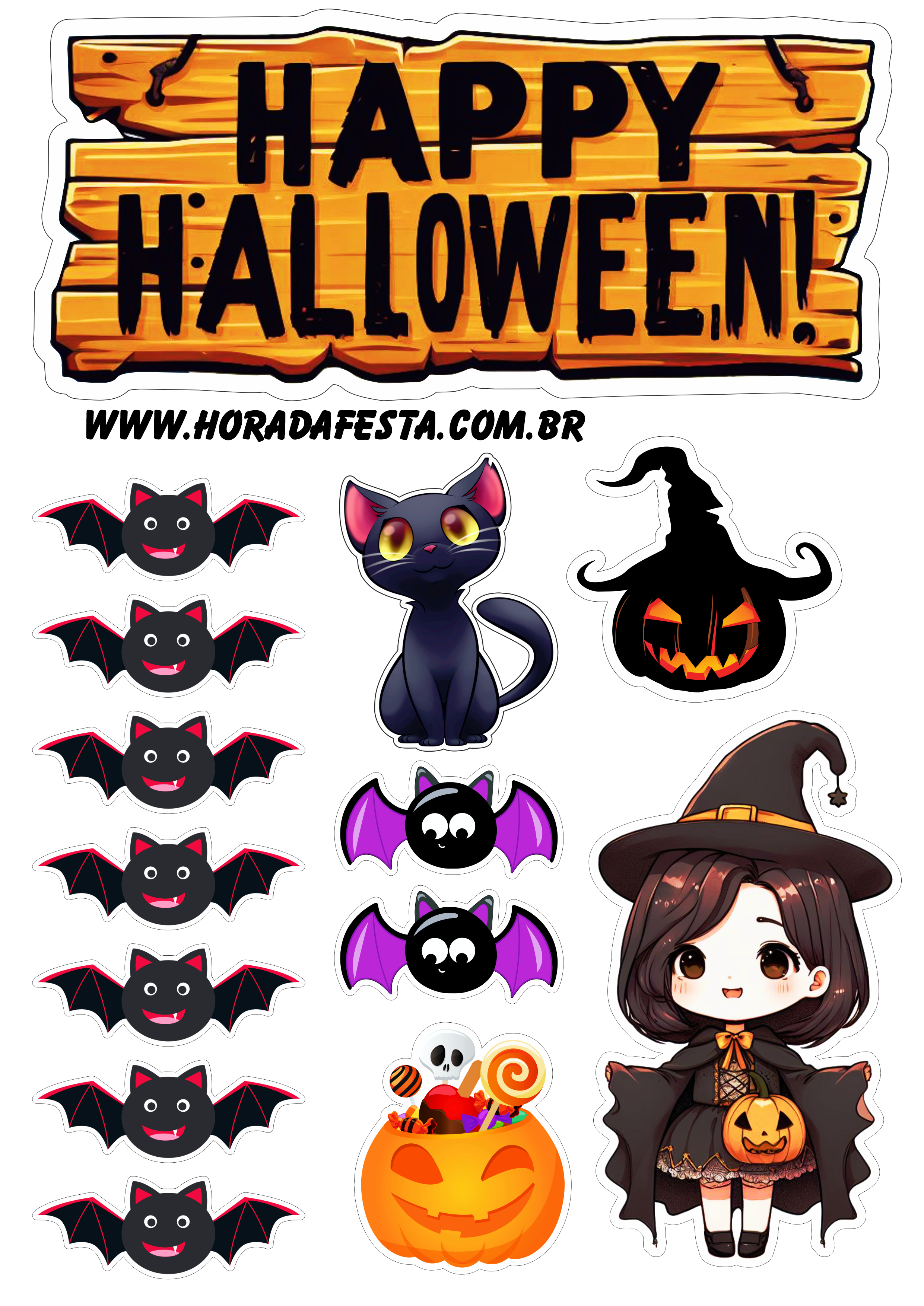 Happy Halloween topo de bolo para imprimir bruxinha com morcegos gatinho fazendo a nossa festa design png