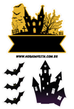 Dia das bruxas Happy Halloween topo de bolo para imprimir bruxinha com  morcegos castelo assustador png