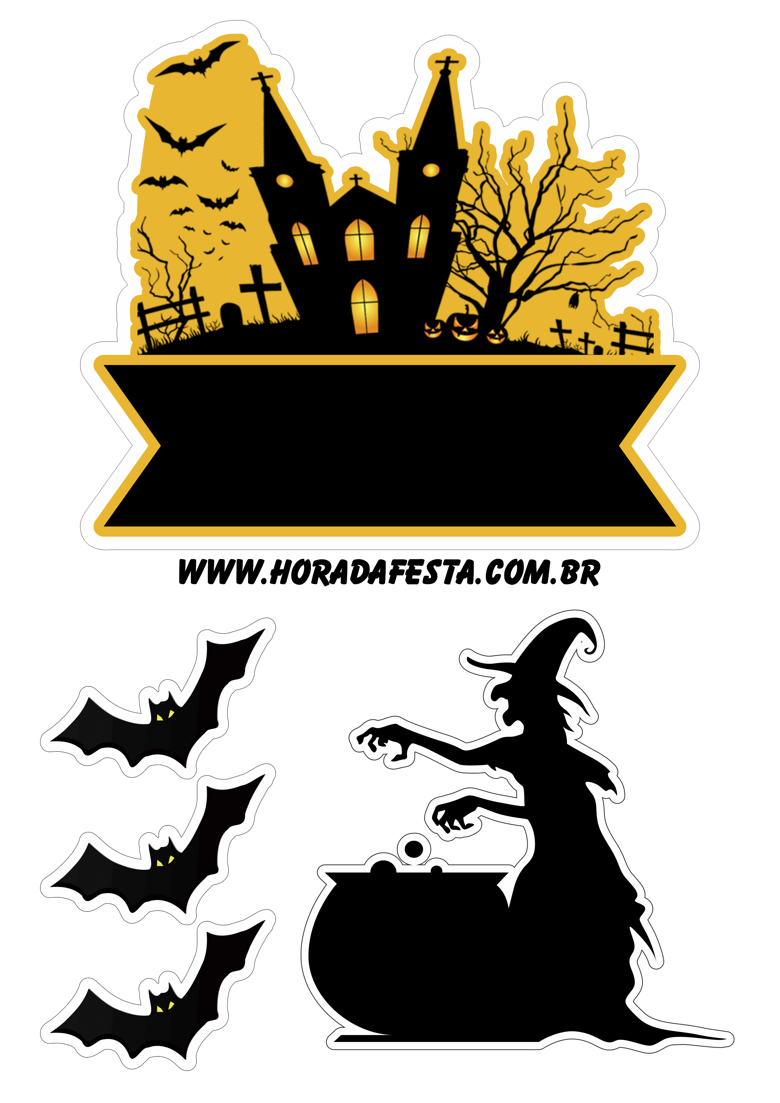 Halloween topo de bolo decoração dia das bruxas castelo assustador com morcegos e bruxa fazendo a nossa festa design png