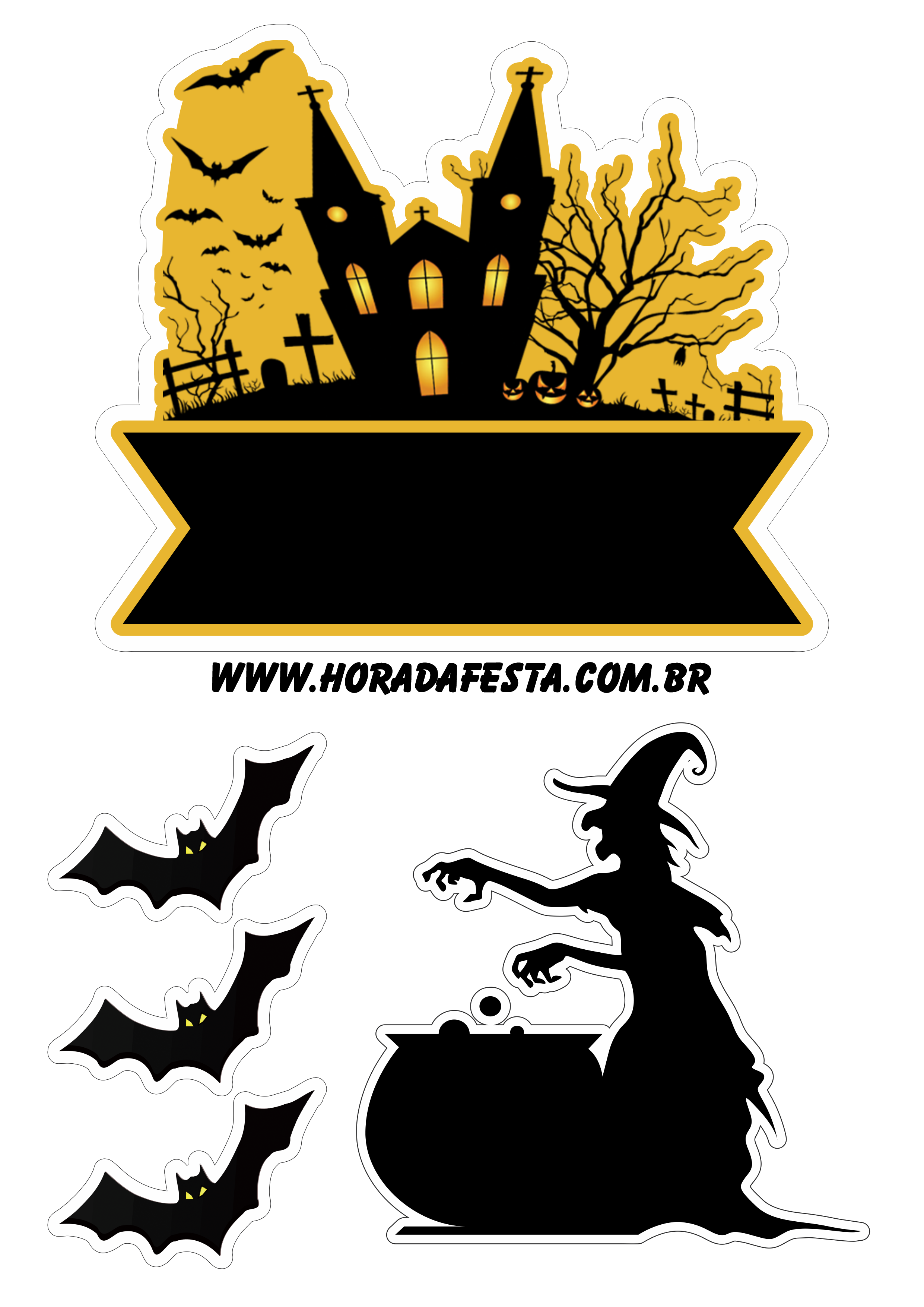 Dia das bruxas Happy Halloween topo de bolo para imprimir bruxinha com  morcegos castelo assustador png