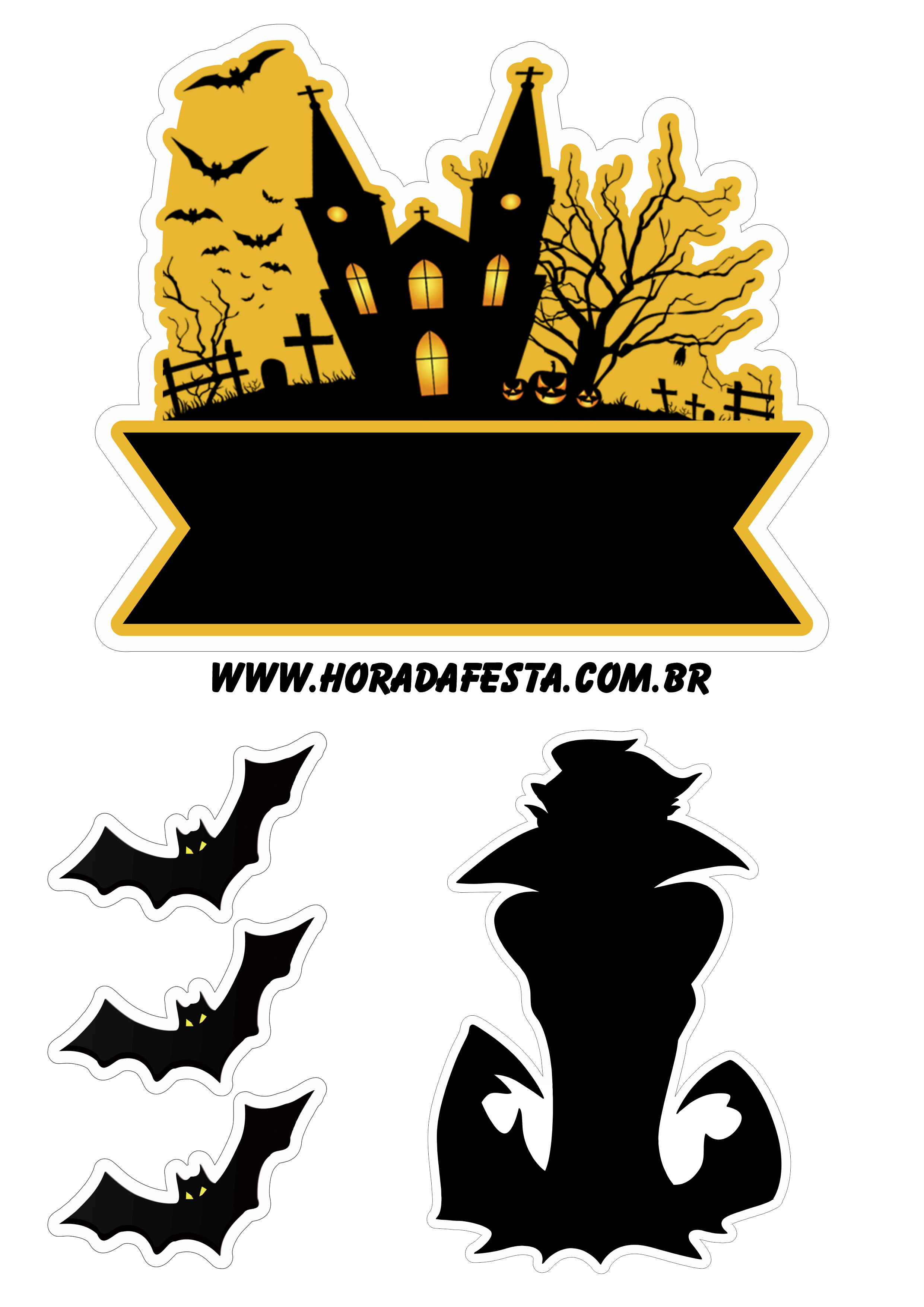 Halloween topo de bolo decoração dia das bruxas castelo do drácula com morcegos fazendo a nossa festa artes gráficas png
