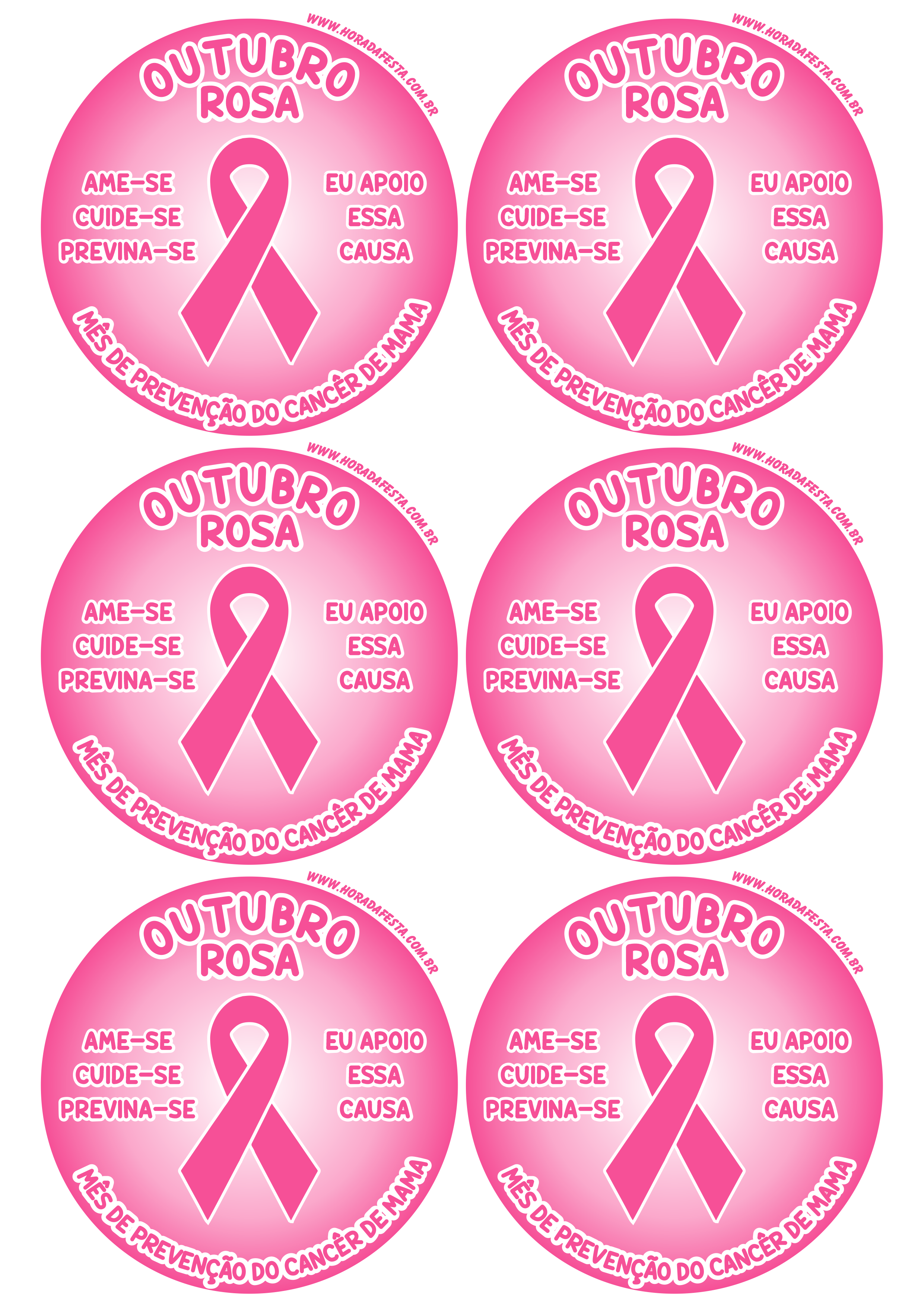 Outubro rosa mês de prevenção do câncer de mama ame-se cuide-se previna-se eu apoio essa causa adesivo redondo tag sticker 6 imagens png