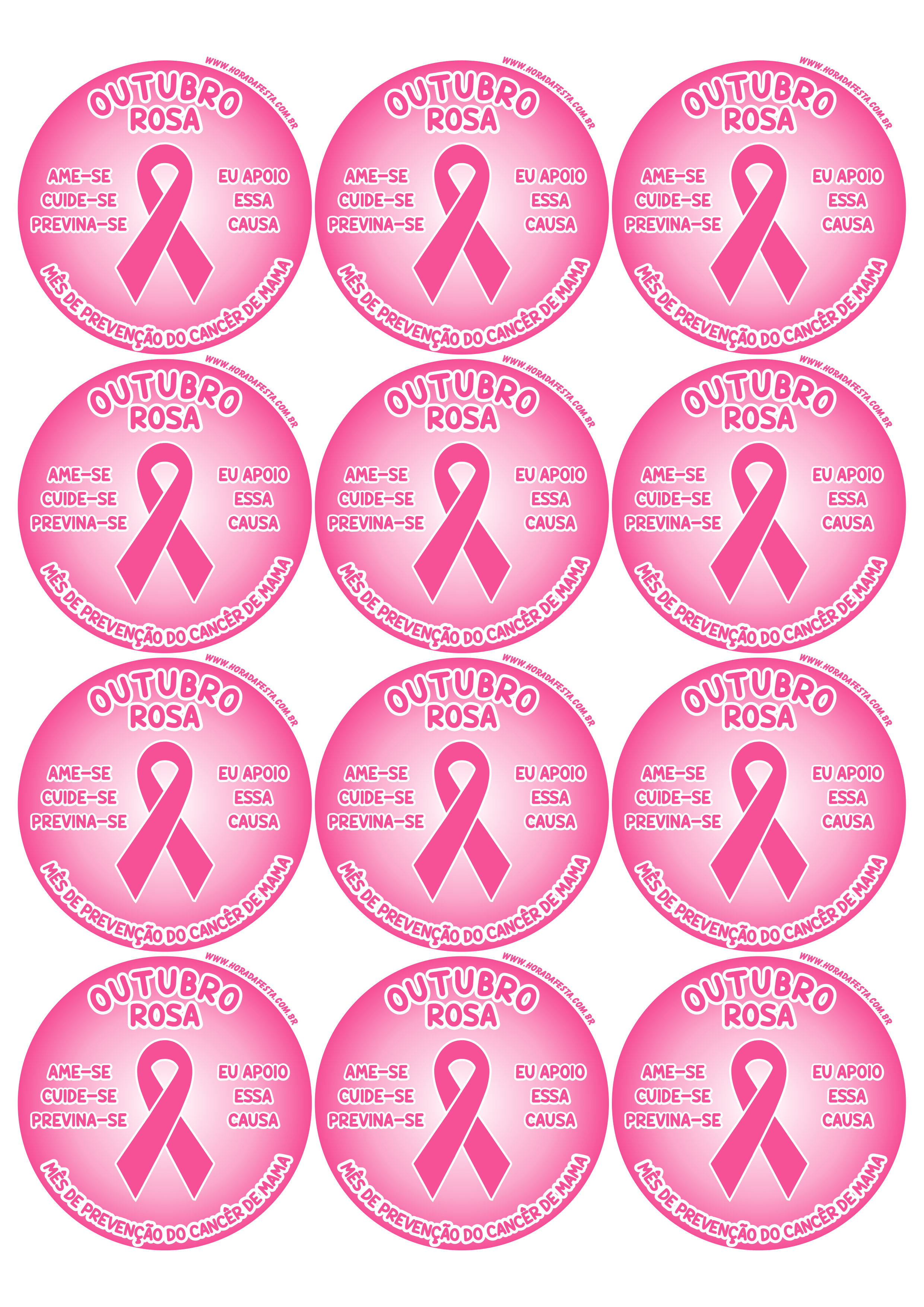 Outubro rosa mês de prevenção do câncer de mama ame-se cuide-se previna-se eu apoio essa causa adesivo redondo tag sticker 12 imagens png