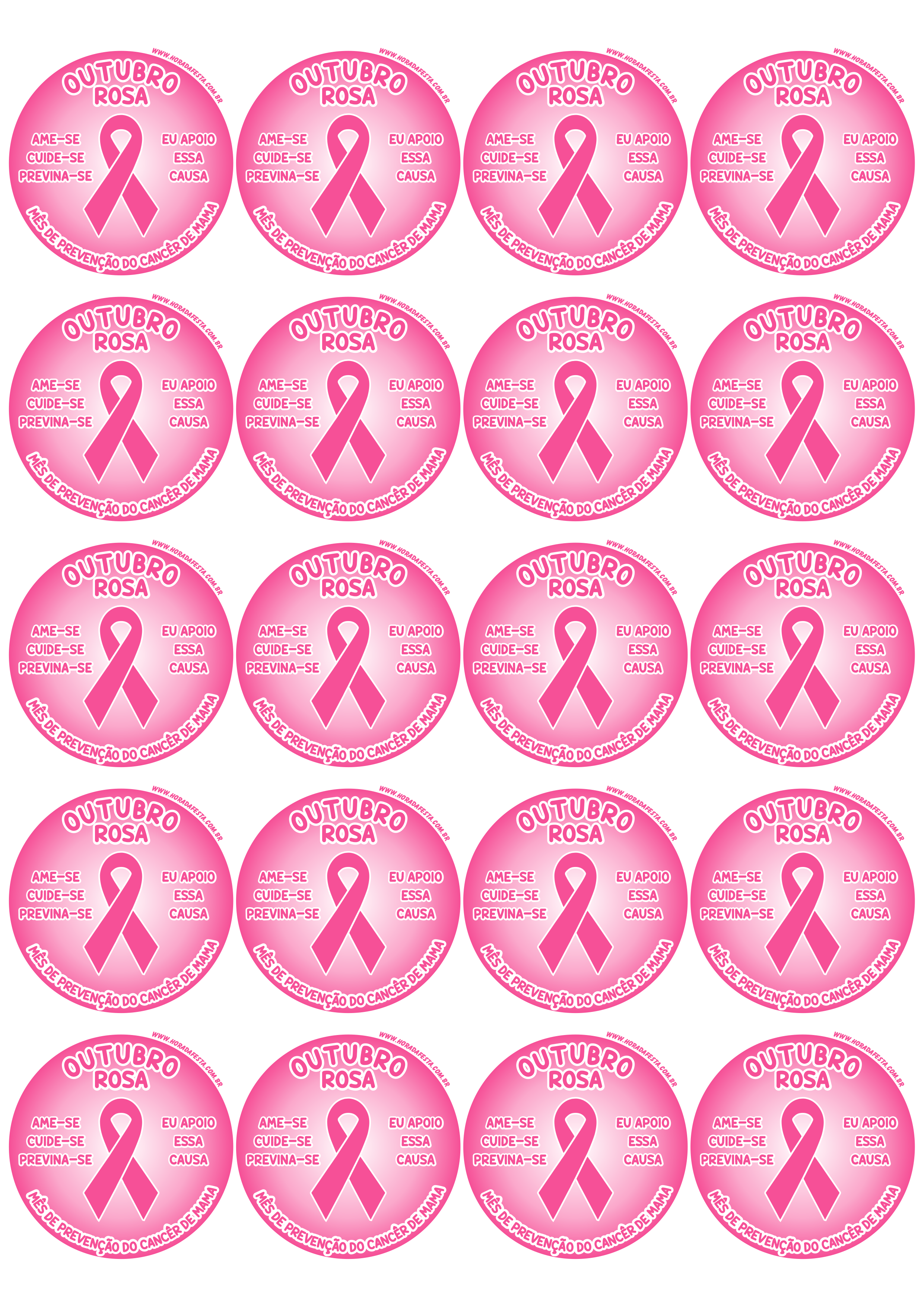 Outubro rosa mês de prevenção do câncer de mama ame-se cuide-se previna-se eu apoio essa causa adesivo redondo tag sticker 20 imagens png