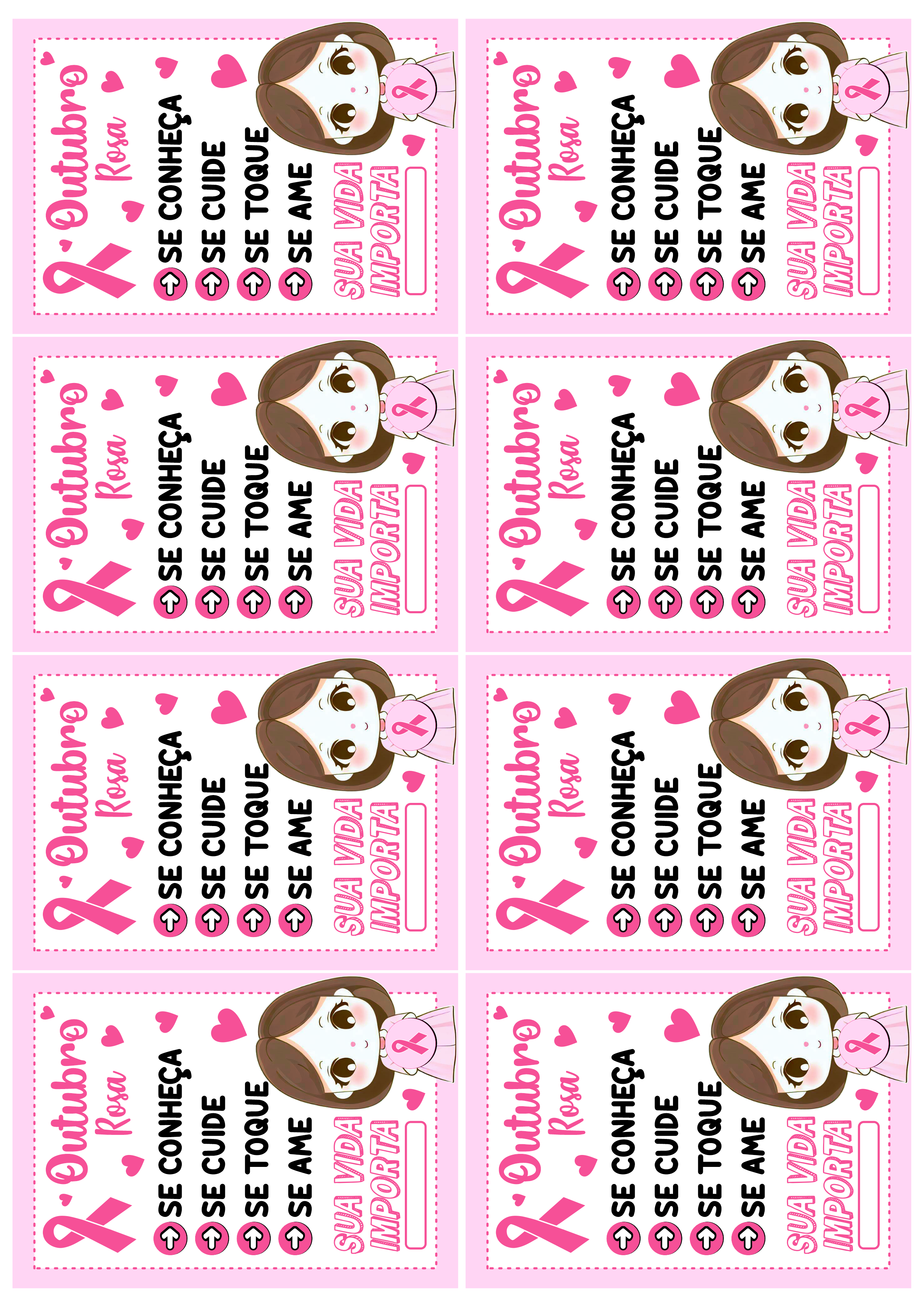 Outubro rosa cartãozinho pronto para imprimir se conheça se cuide se toque se ame papelaria grátis 8 imagens png