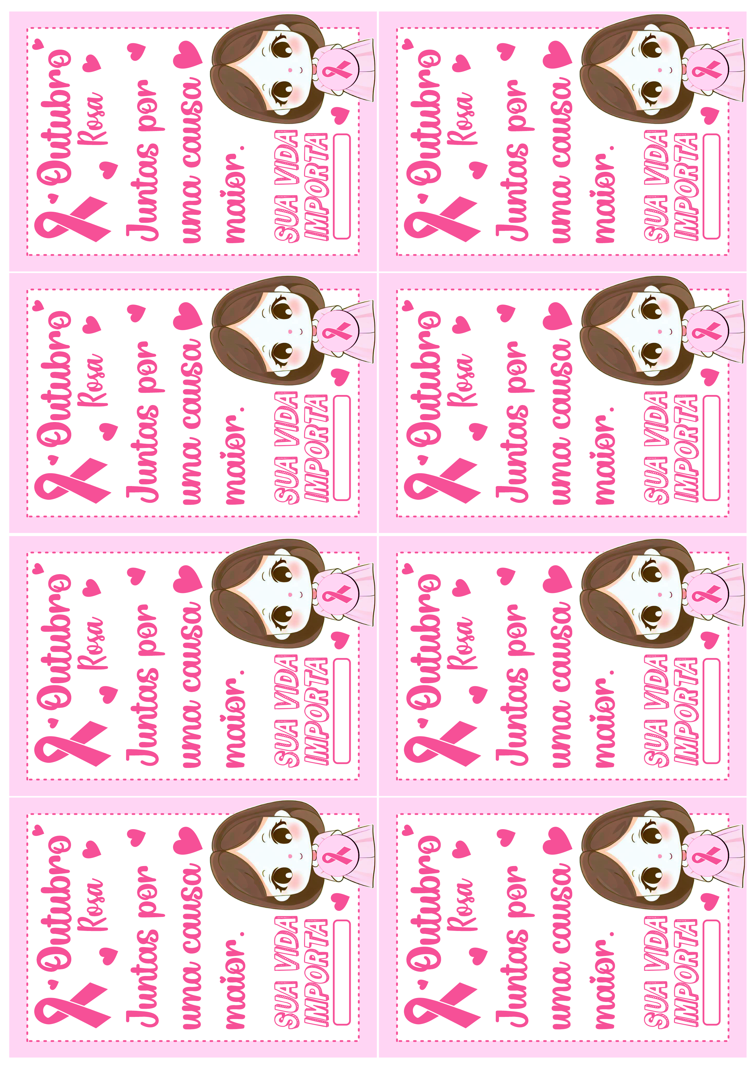 Outubro rosa cartãozinho pronto para imprimir juntas por uma causa maior papelaria grátis 8 imagens png