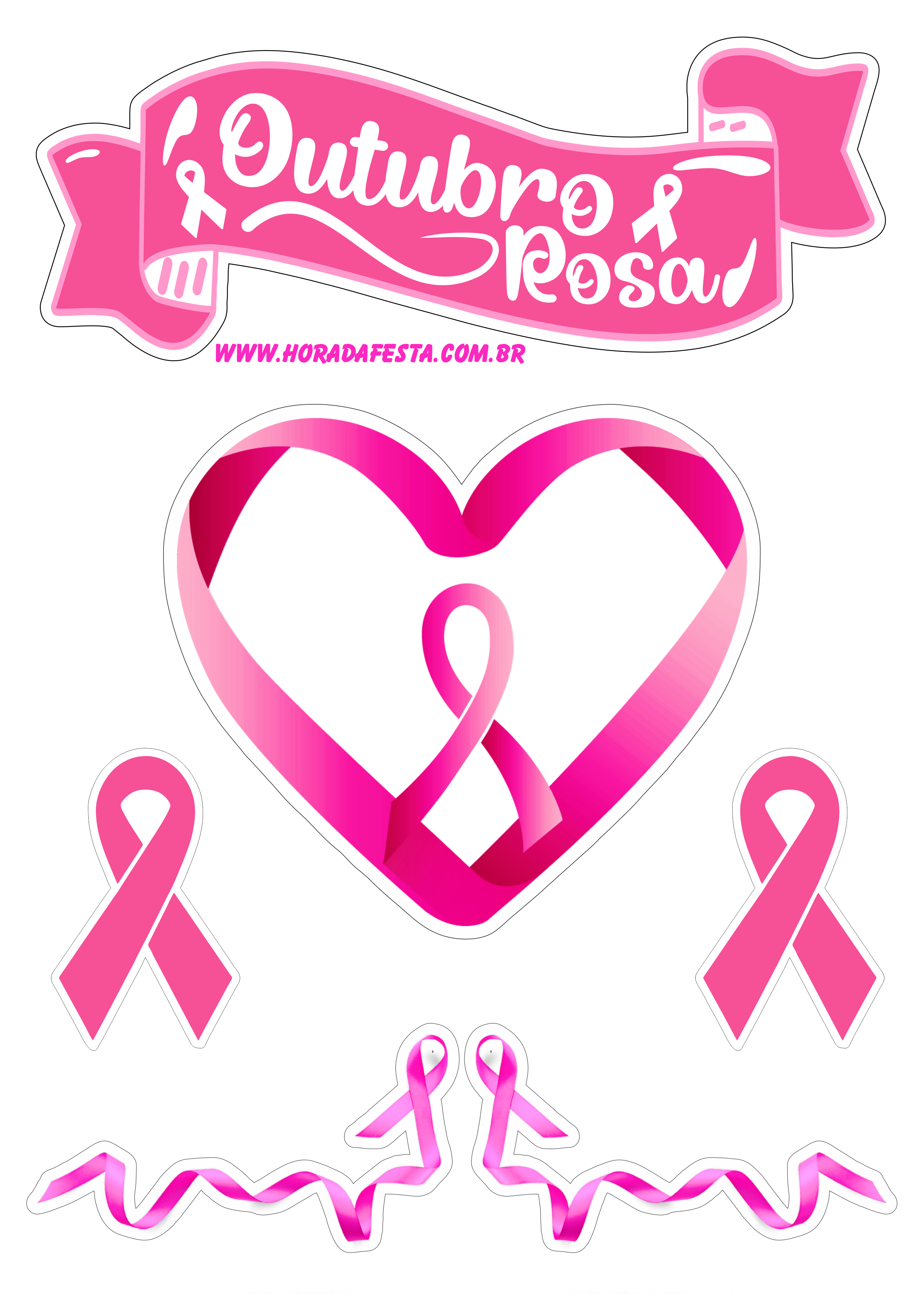 Mês de prevenção ao câncer de mama outubro rosa topo de bolo decoração personalizados coração png
