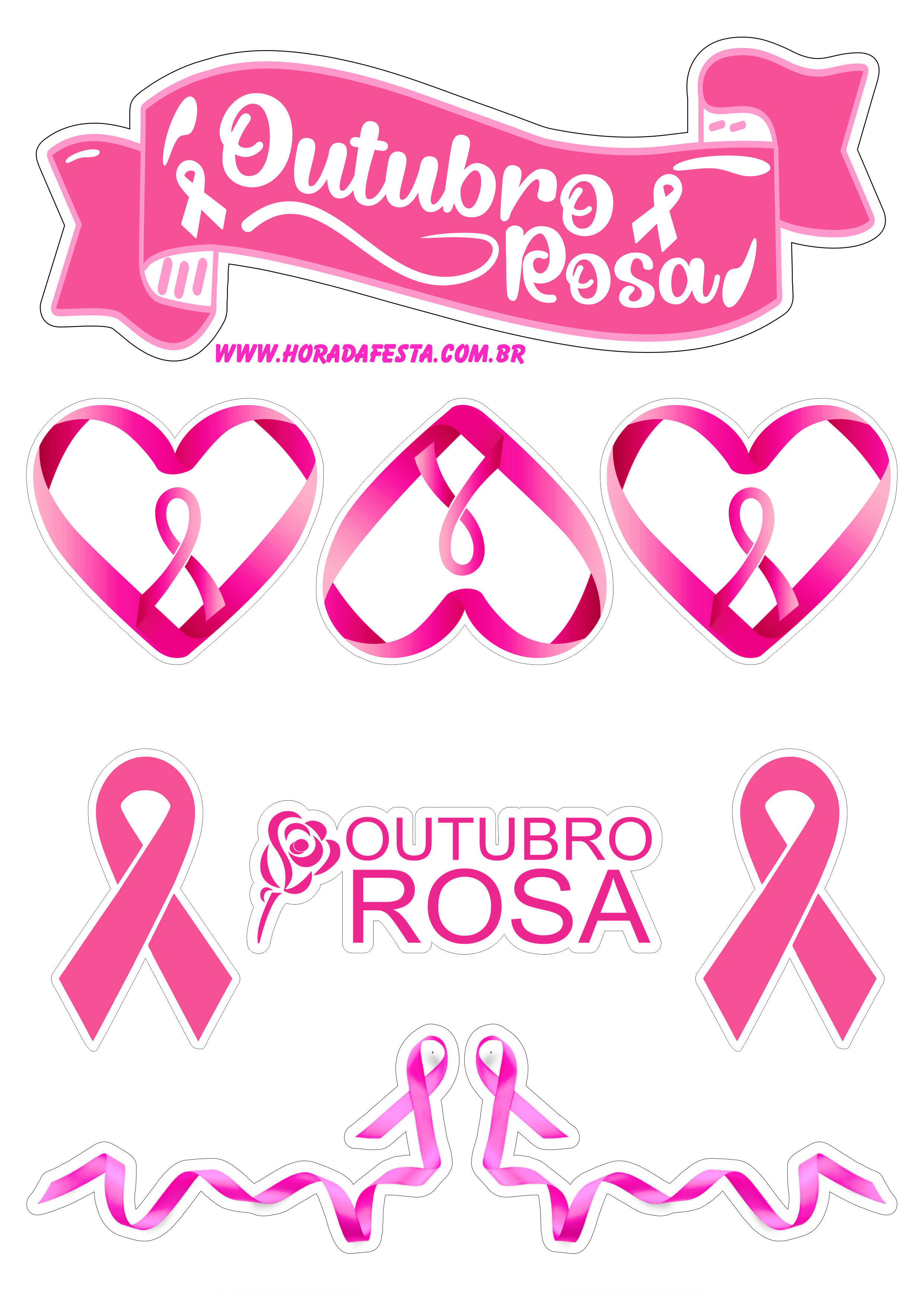 Mês de prevenção ao câncer de mama outubro rosa topo de bolo decoração personalizados corações png