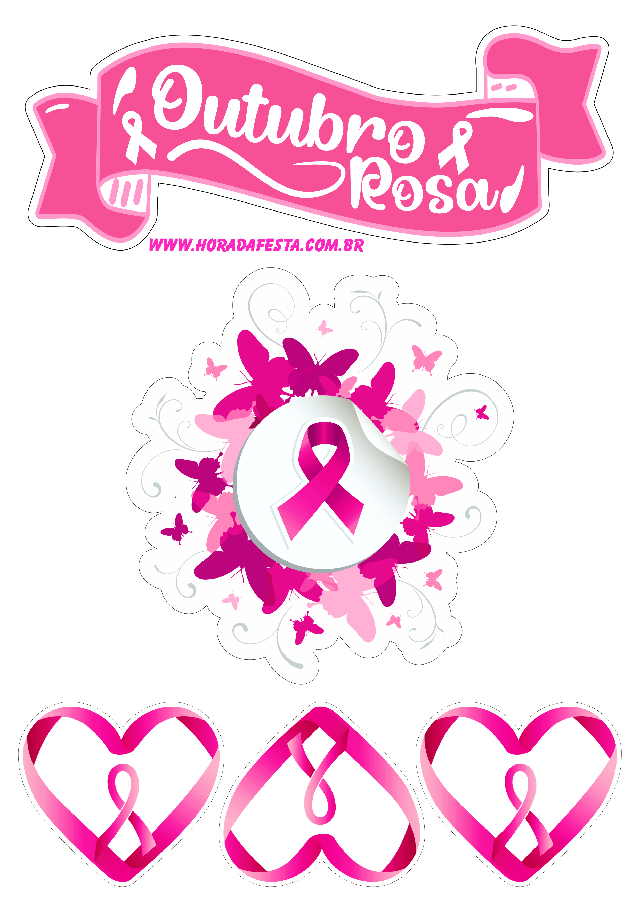 Mês de prevenção ao câncer de mama outubro rosa topo de bolo decoração personalizados corações lacinho de fita png
