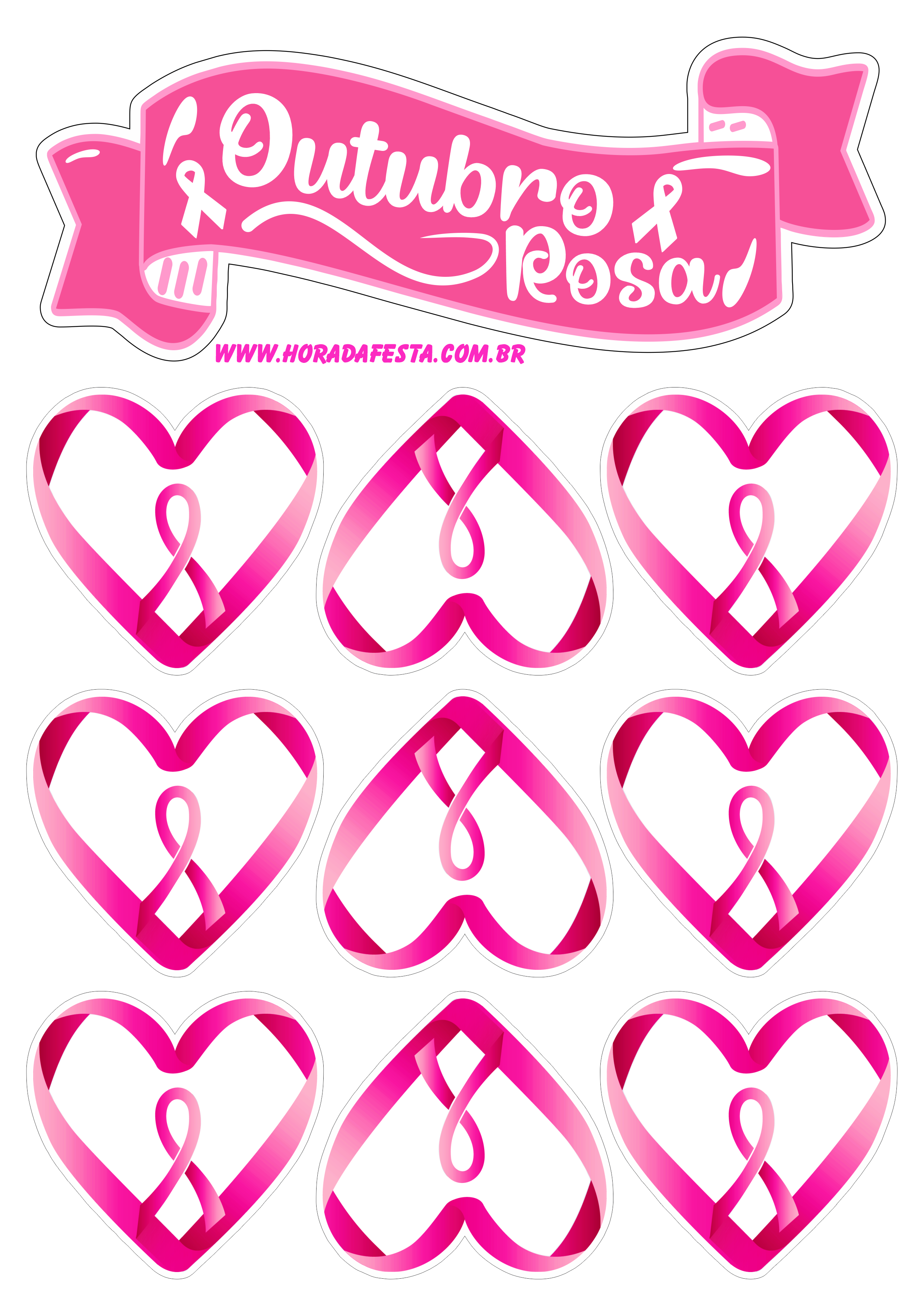 Mês de prevenção ao câncer de mama outubro rosa topo de bolo decoração personalizados corações lacinho de fita pack de imagens png