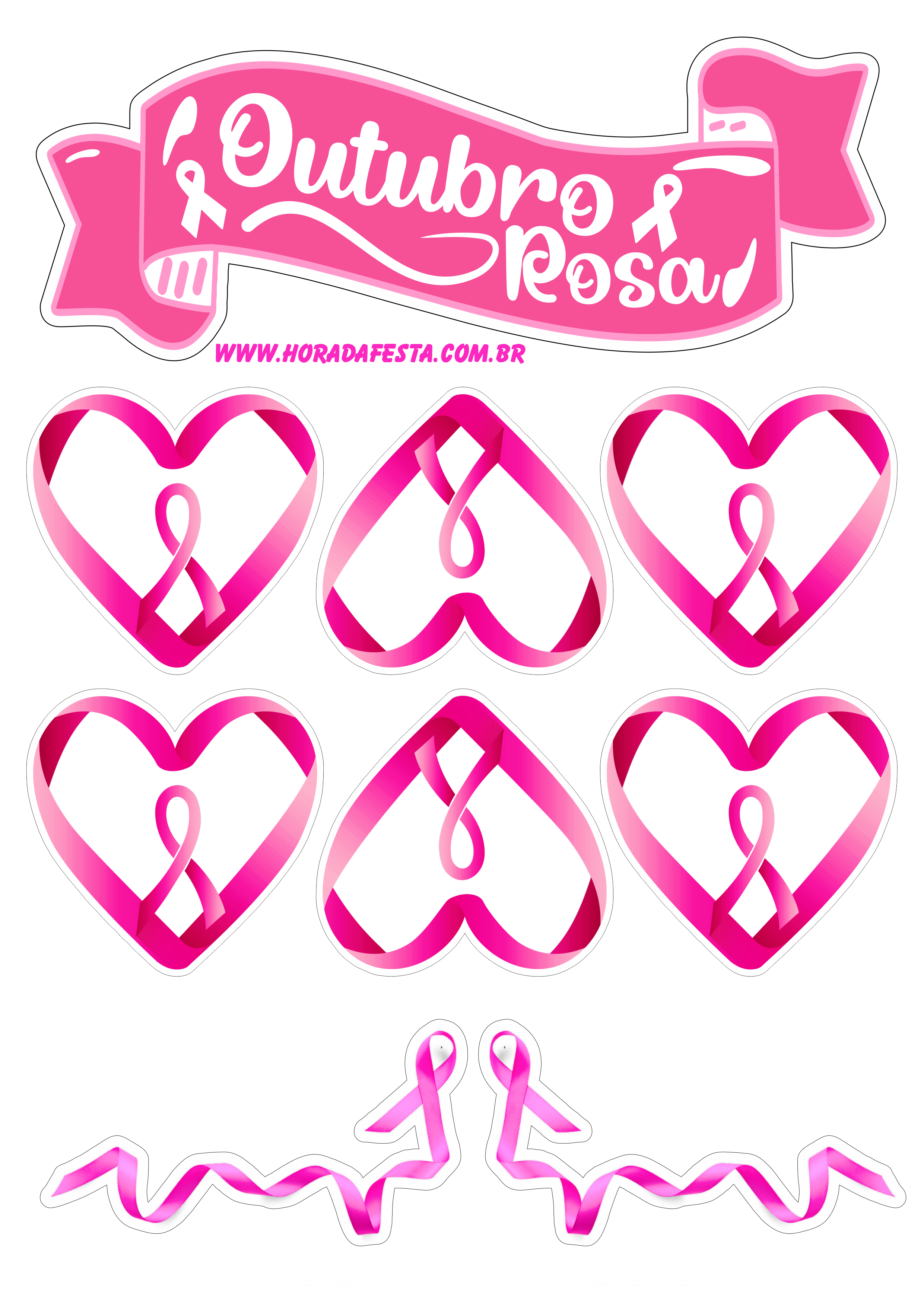 Mês de prevenção ao câncer de mama outubro rosa topo de bolo decoração personalizados corações lacinho de fita renda extra png