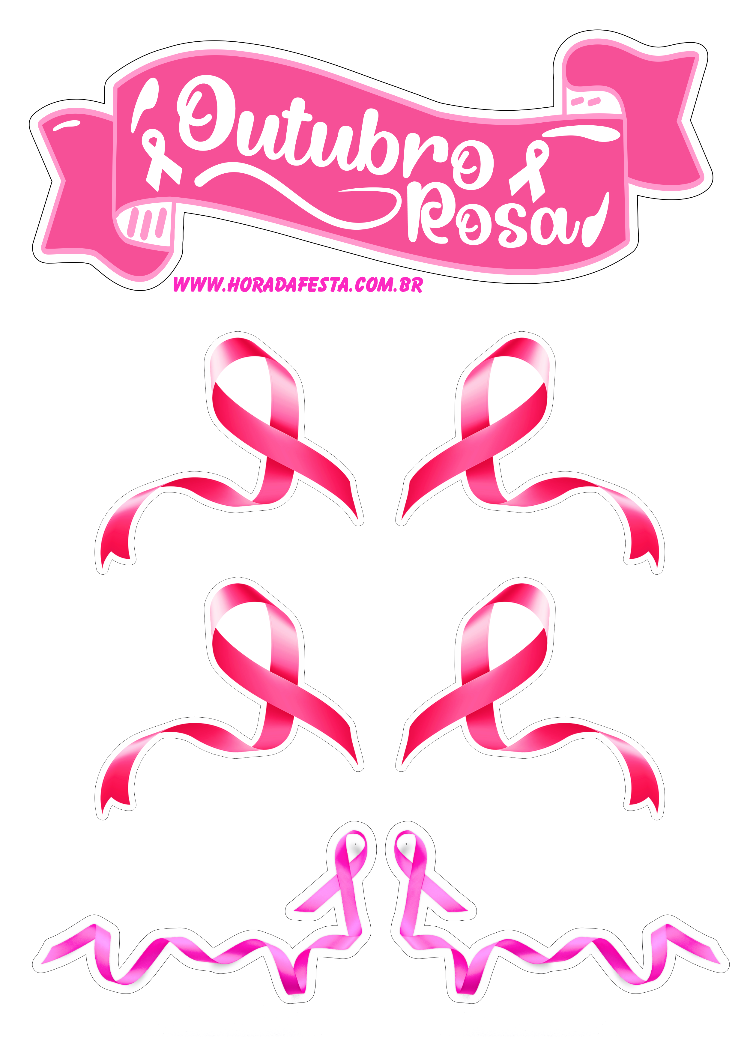Mês de prevenção ao câncer de mama outubro rosa topo de bolo decoração personalizados corações lacinho de fita como fazer png