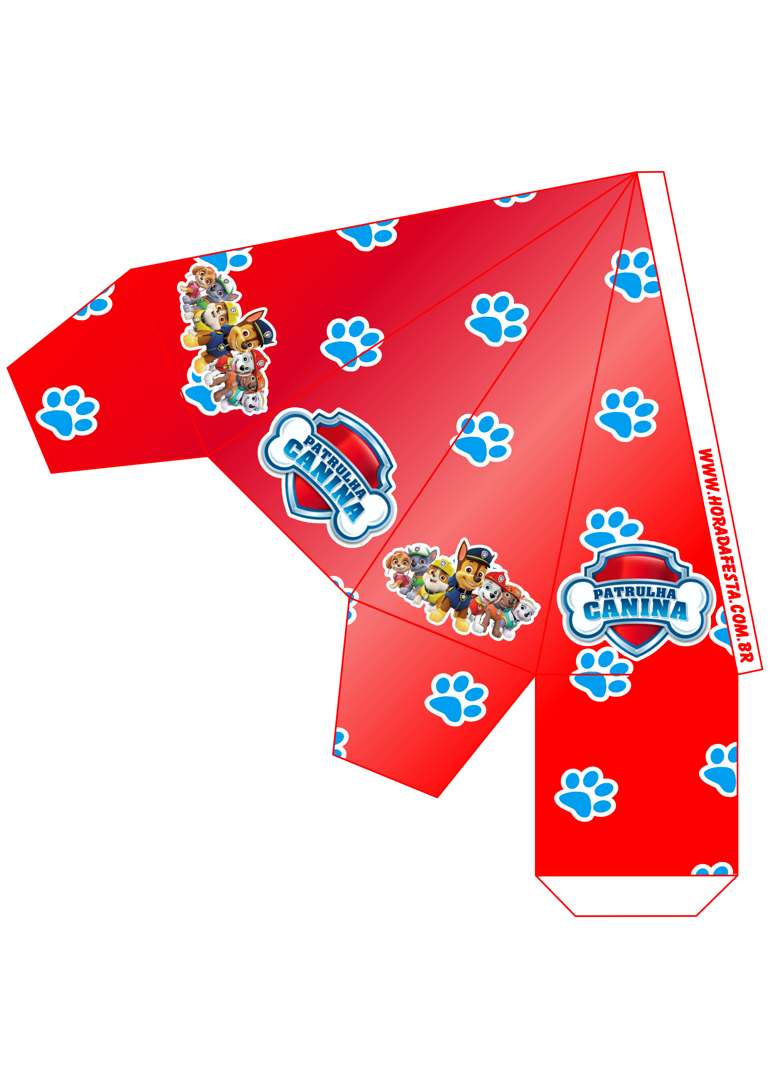 Molde caixinha pirâmide tema patrulha canina vermelho paw patrol decoração de aniversário png